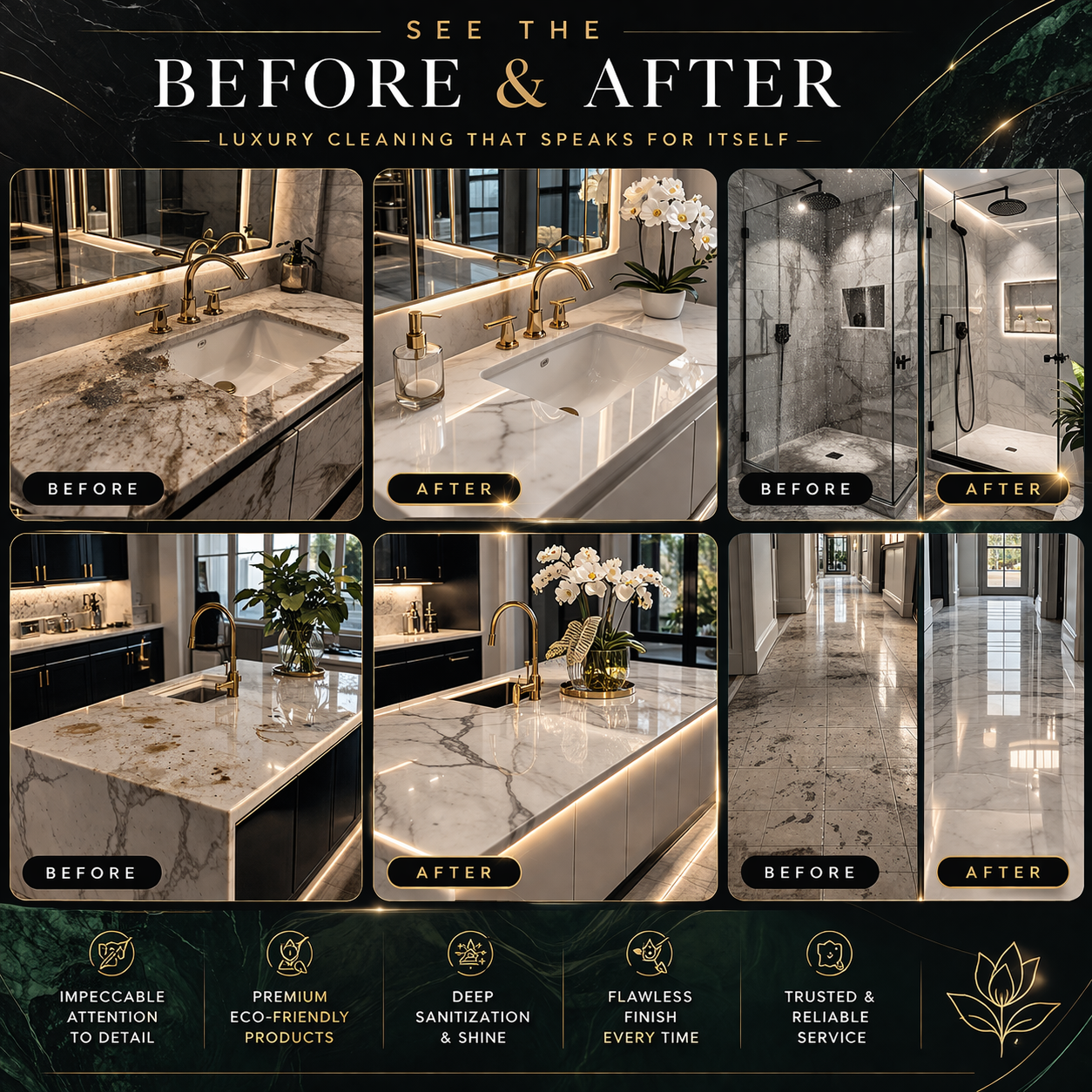 Comparison images of bathroom and kitchen before and after deep cleaning with luxury, marble surfaces, gold fixtures, and modern decor, highlighting cleanliness and shine.