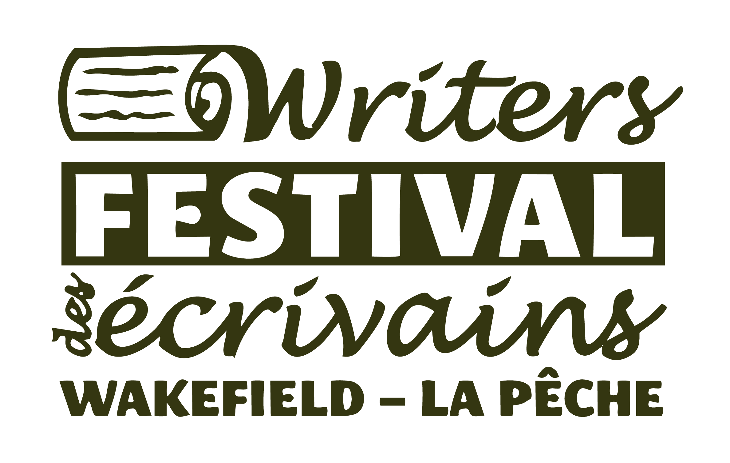 Logo for Writers Festival, featuring a stylized pencil and text in English and French, including Wakefield and La Pêche.
