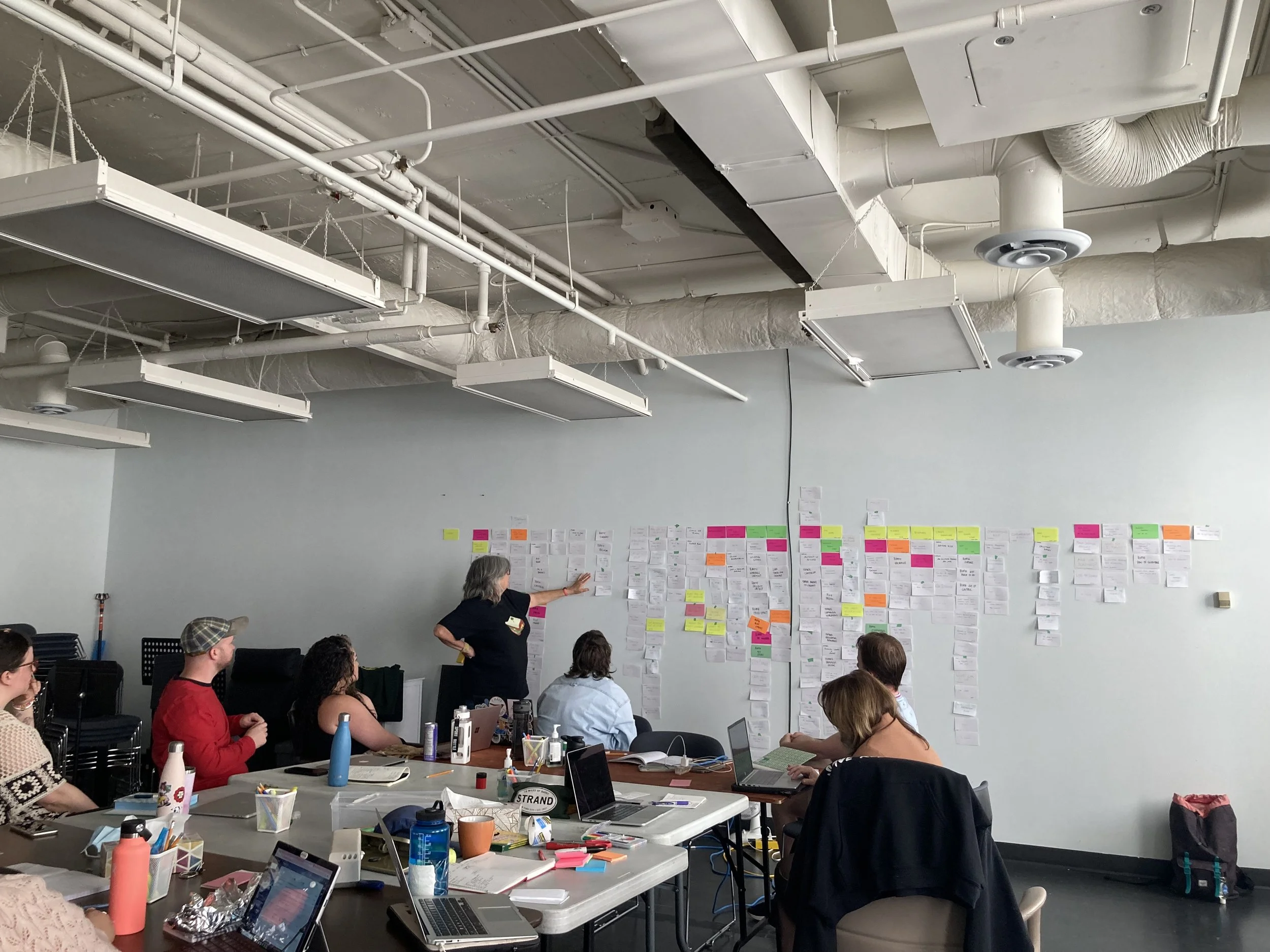 A group of people in a meeting room are seated around a table, observing a woman leading a presentation on a wall covered with colorful sticky notes and papers.