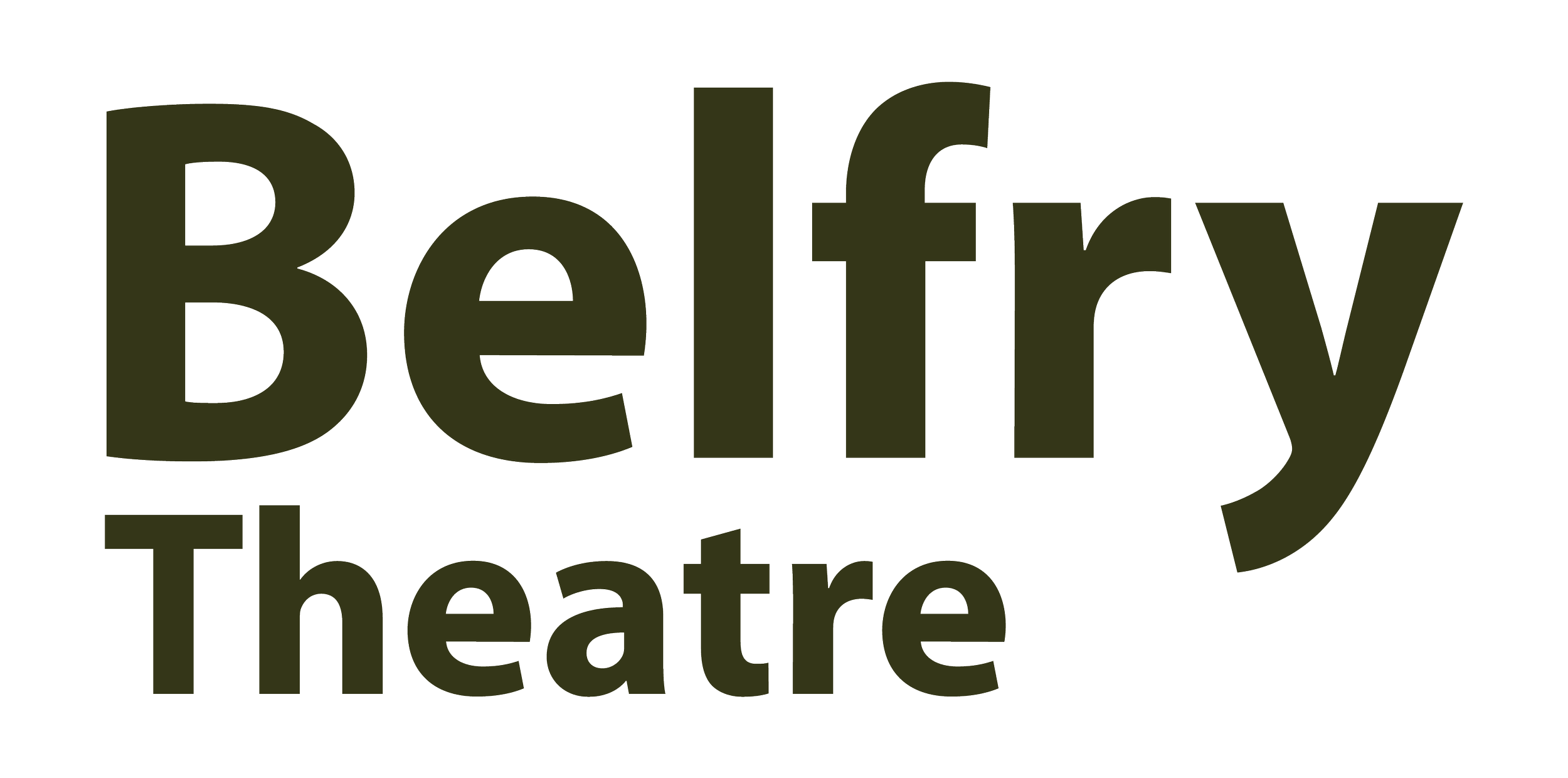 Logo for Belfry Theatre with the words 'Belfry Theatre' in large dark olive green text, with 'Belfry' above 'Theatre'.