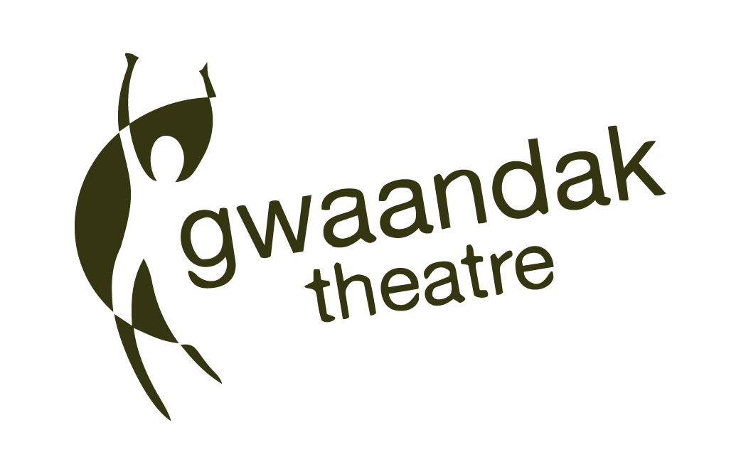 Gwaandak Theatre logo featuring a stylized human figure with arms raised, accompanied by the text 'Gwaandak Theatre' in dark green.