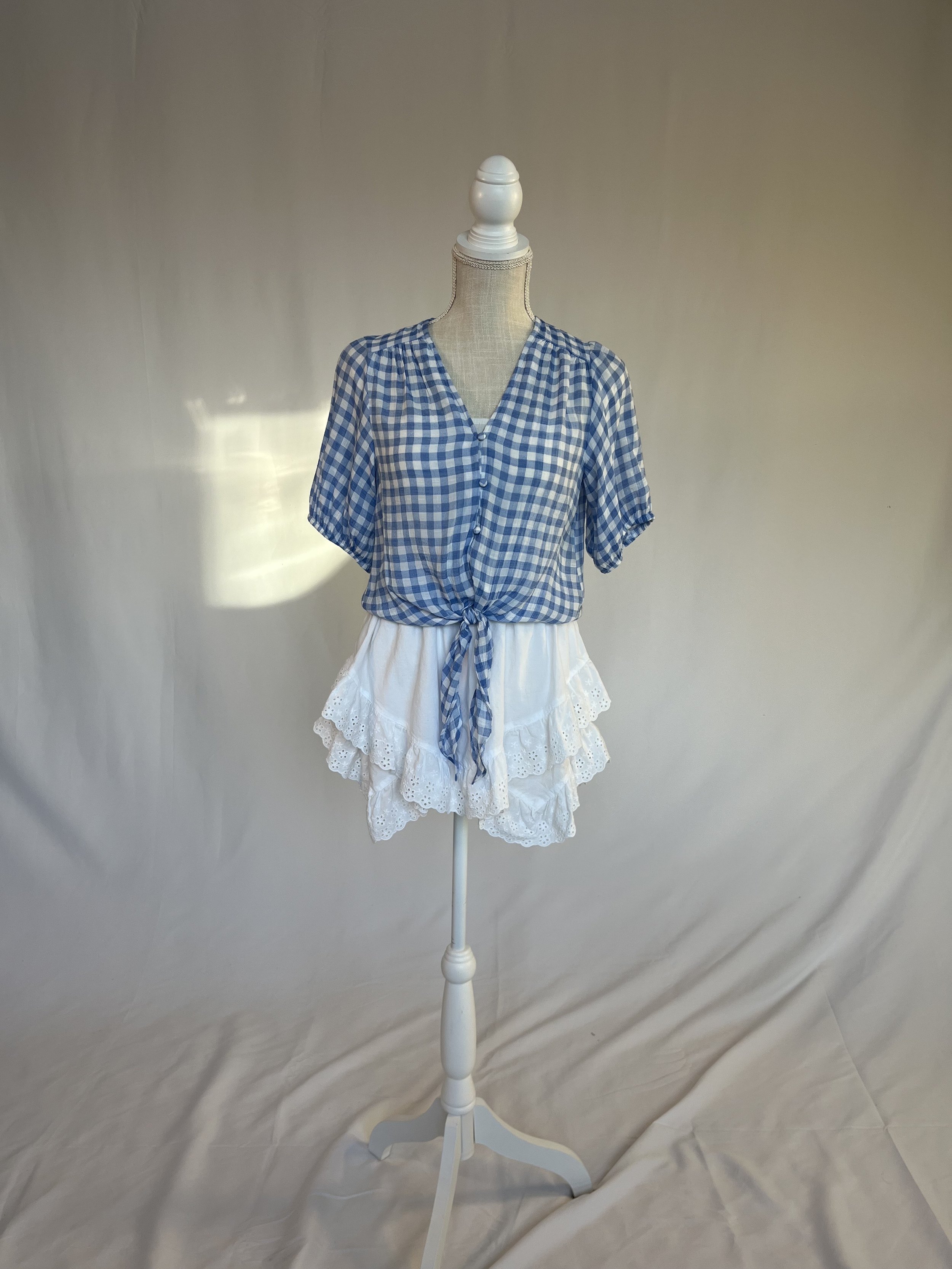 Blue & White Plaid Button Top