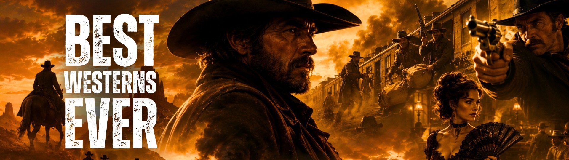Western movie scene with cowboys, a train, and a woman, with a sunset sky in the background, showcasing intense standoff and action, representing Best Westerns Ever.