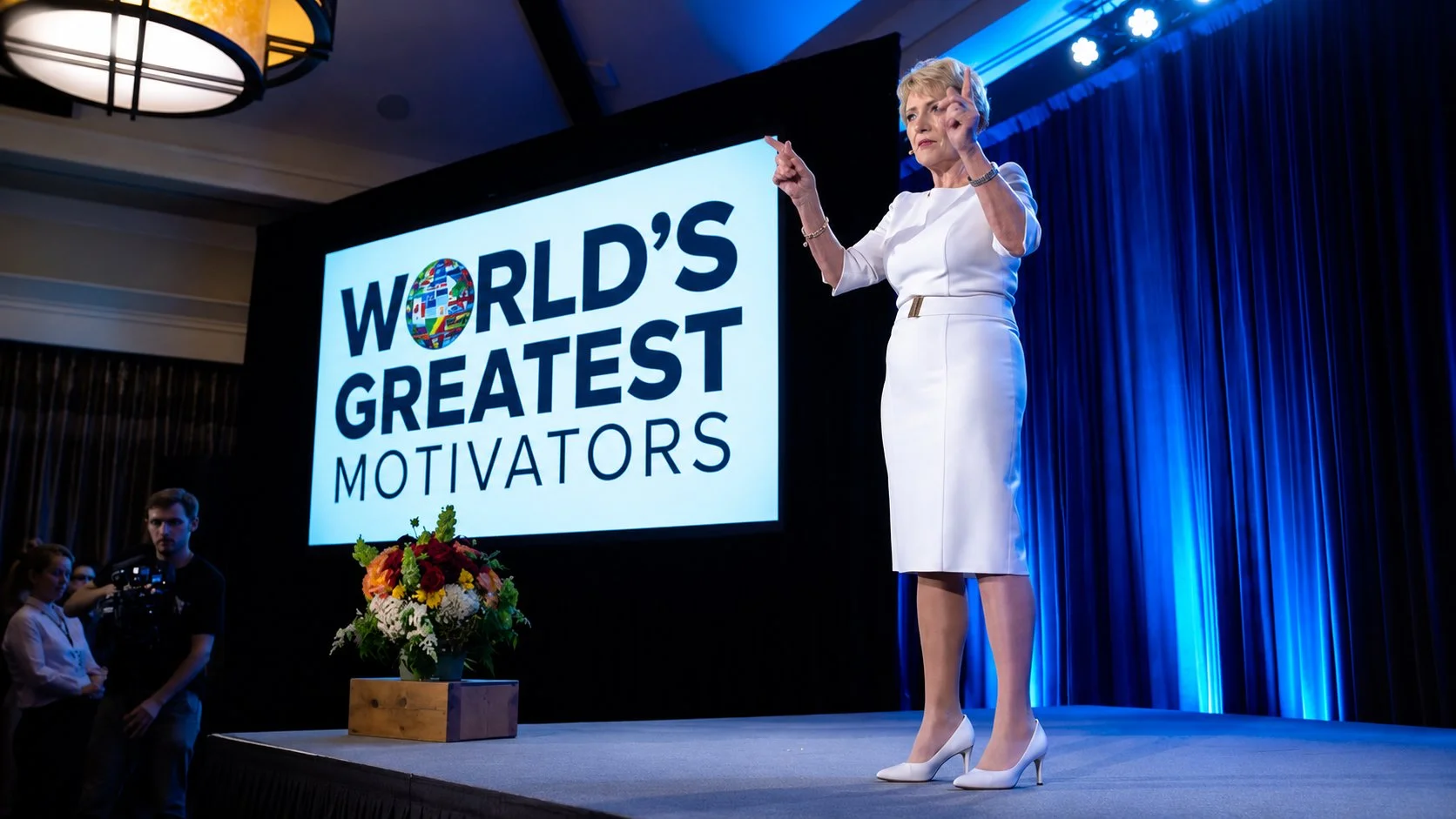 A woman stands on stage speaking at a conference or event. She is dressed in a white dress and high heels. Behind her, a large screen displays the text 'World's Greatest Motivators' with a globe graphic. There are flowers on a table in front of her, and a blue curtain in the background.