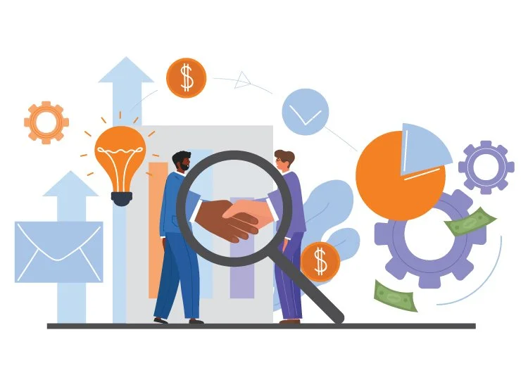 Illustration of two business people shaking hands with a magnifying glass over them, surrounded by icons of a lightbulb, gears, pie chart, dollar signs, arrows, and dollar bills, representing business, finance, and collaboration