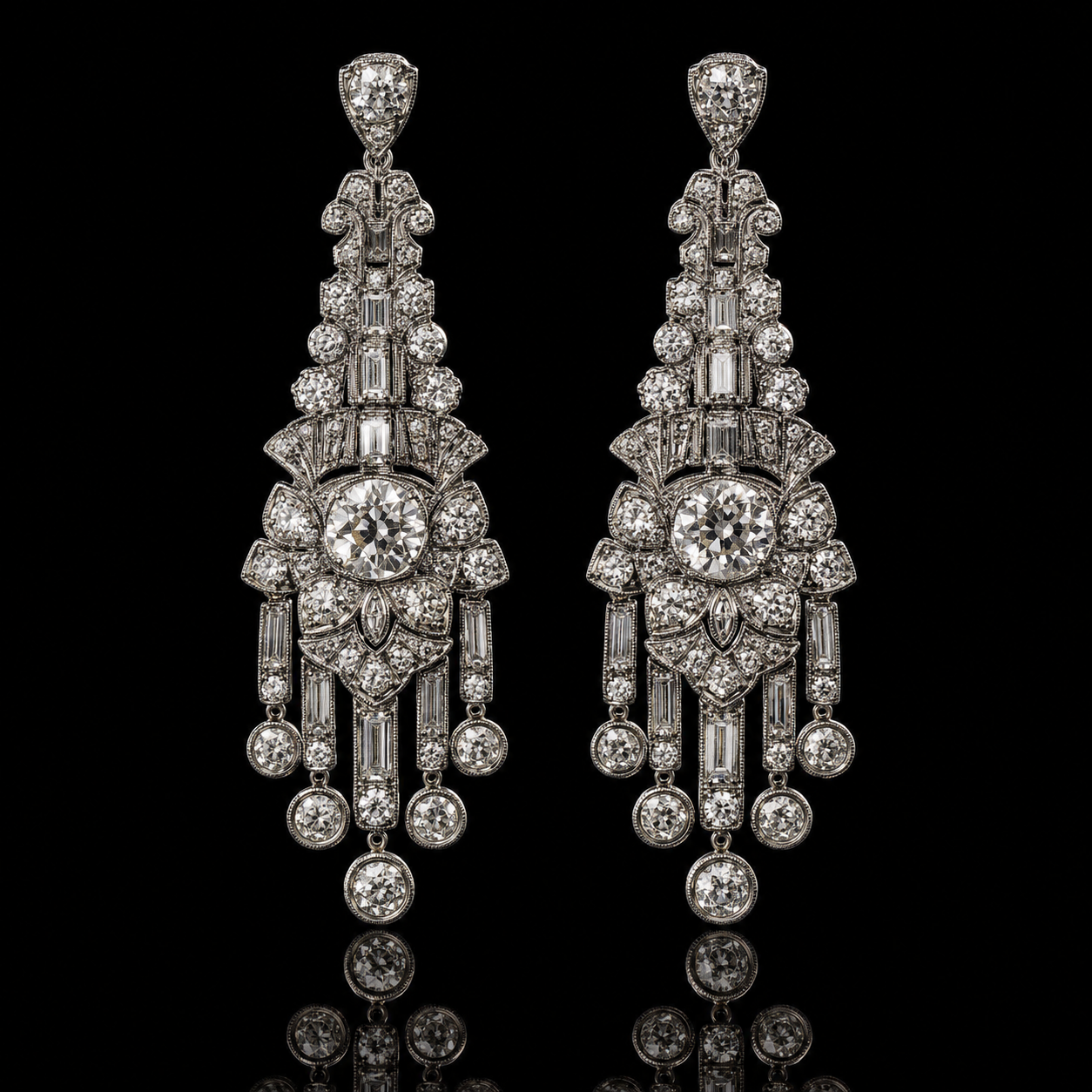 Boucles d'oreilles en diamants avec une conception ornementale complexe et des pierres précieuses suspendues, sur fond noir.