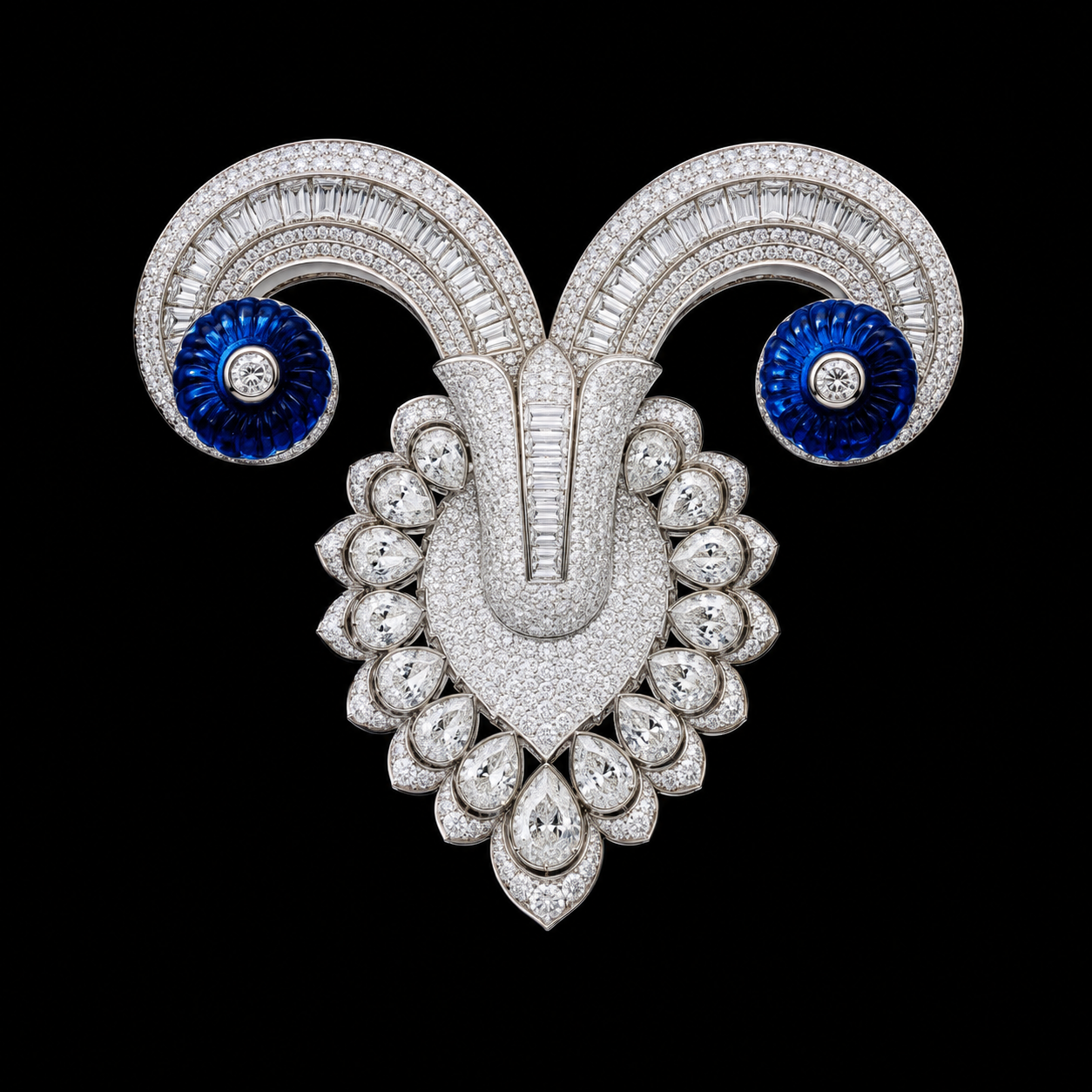 Bijou en forme de tête de mouton, orné de diamants et de détails en saphir bleu, sur fond noir.