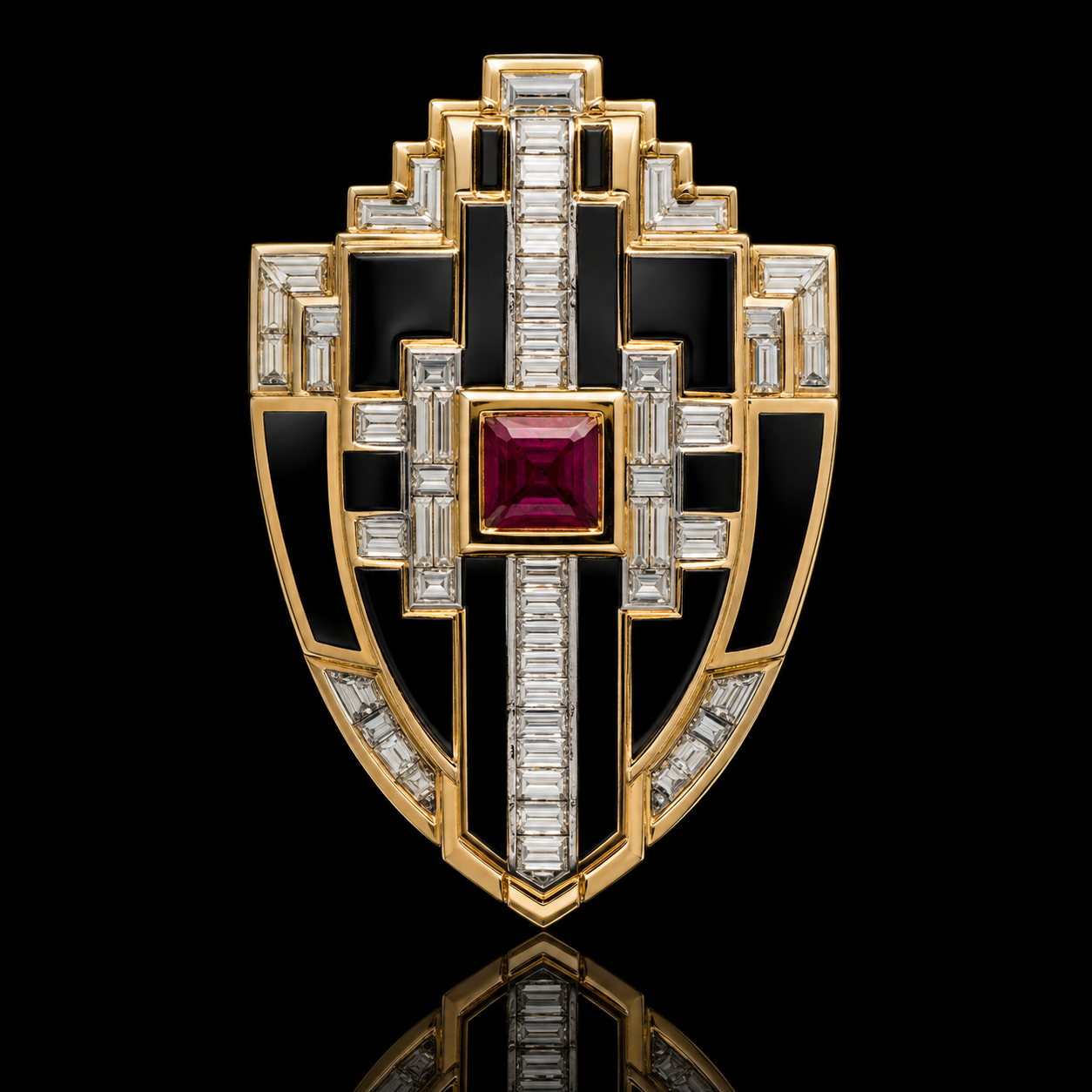 Broche ornementale en forme de bouclier, ornée de diamants et d'une pierre précieuse rouge au centre, avec un fond noir.