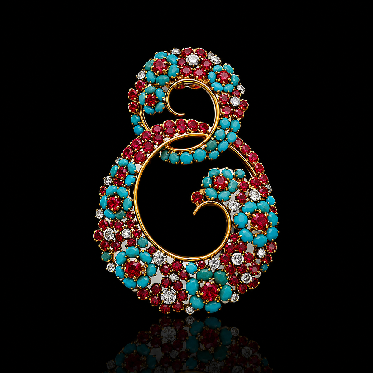 Broche en forme de chiffre 8 orné de pierres rouges, turquoises et de diamants, sur fond noir.