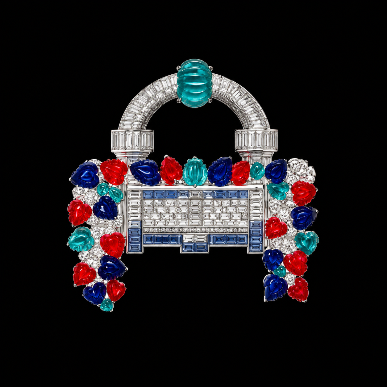 Broche en forme de sac à main ornée de pierres précieuses rouges, bleues, turquoise et blanches sur fond noir.