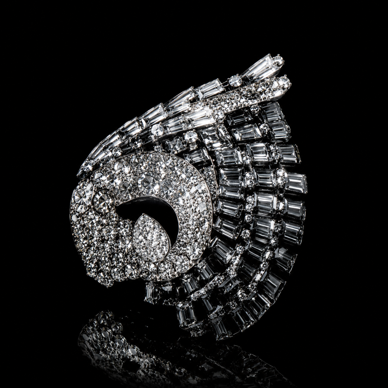 Broche ornée de diamants en forme de spirale sur fond noir.