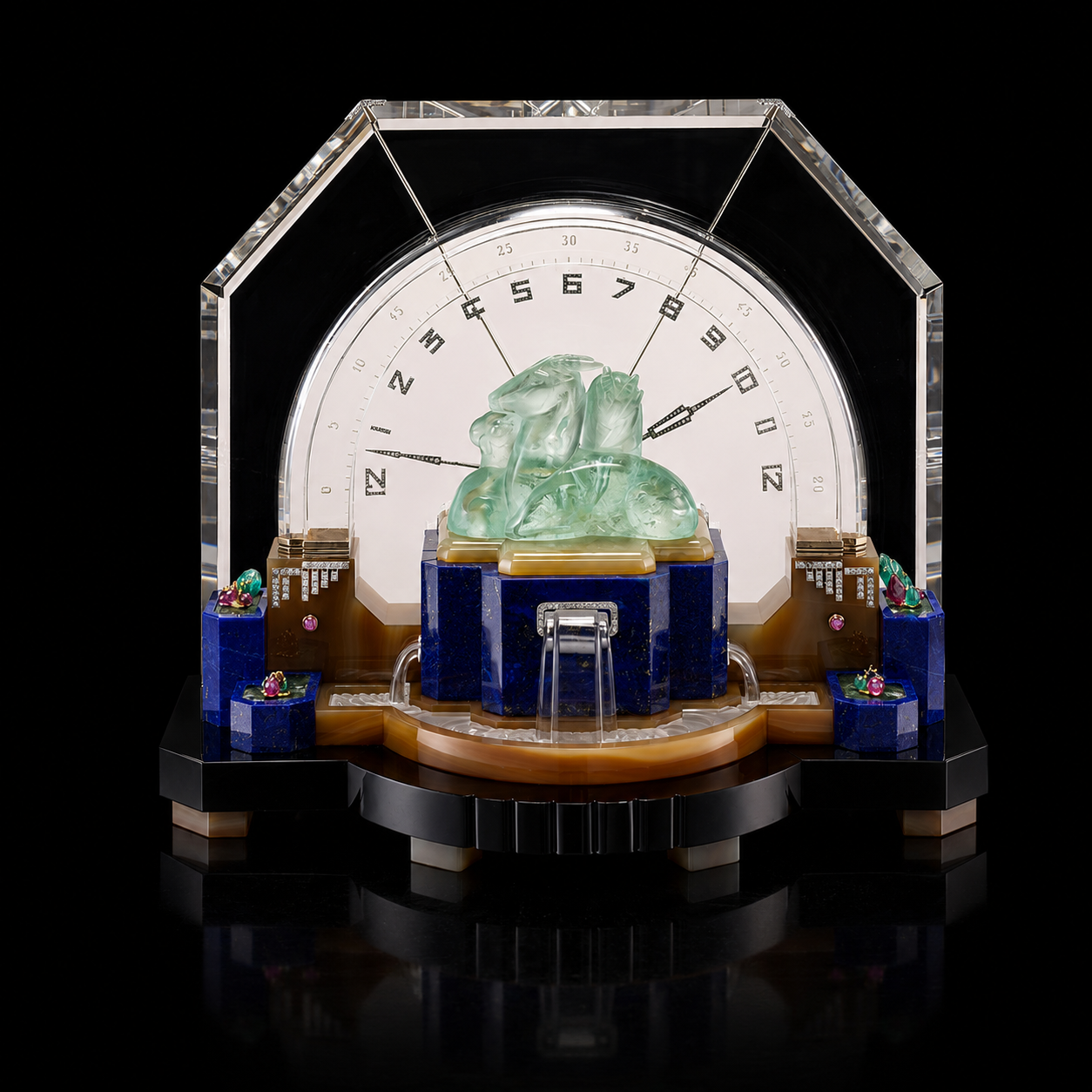 Une montre de luxe en cristal avec un cadran affichant des chiffres et un décor en jade représentant un lion, accompagnée de petites décorations en bijoux, le tout sur un fond noir.