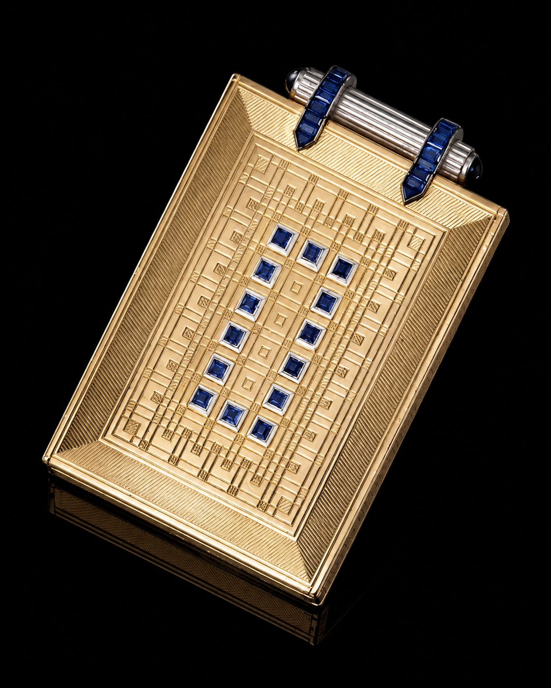 Un jeu de société de luxe orné de pierres précieuses bleues.