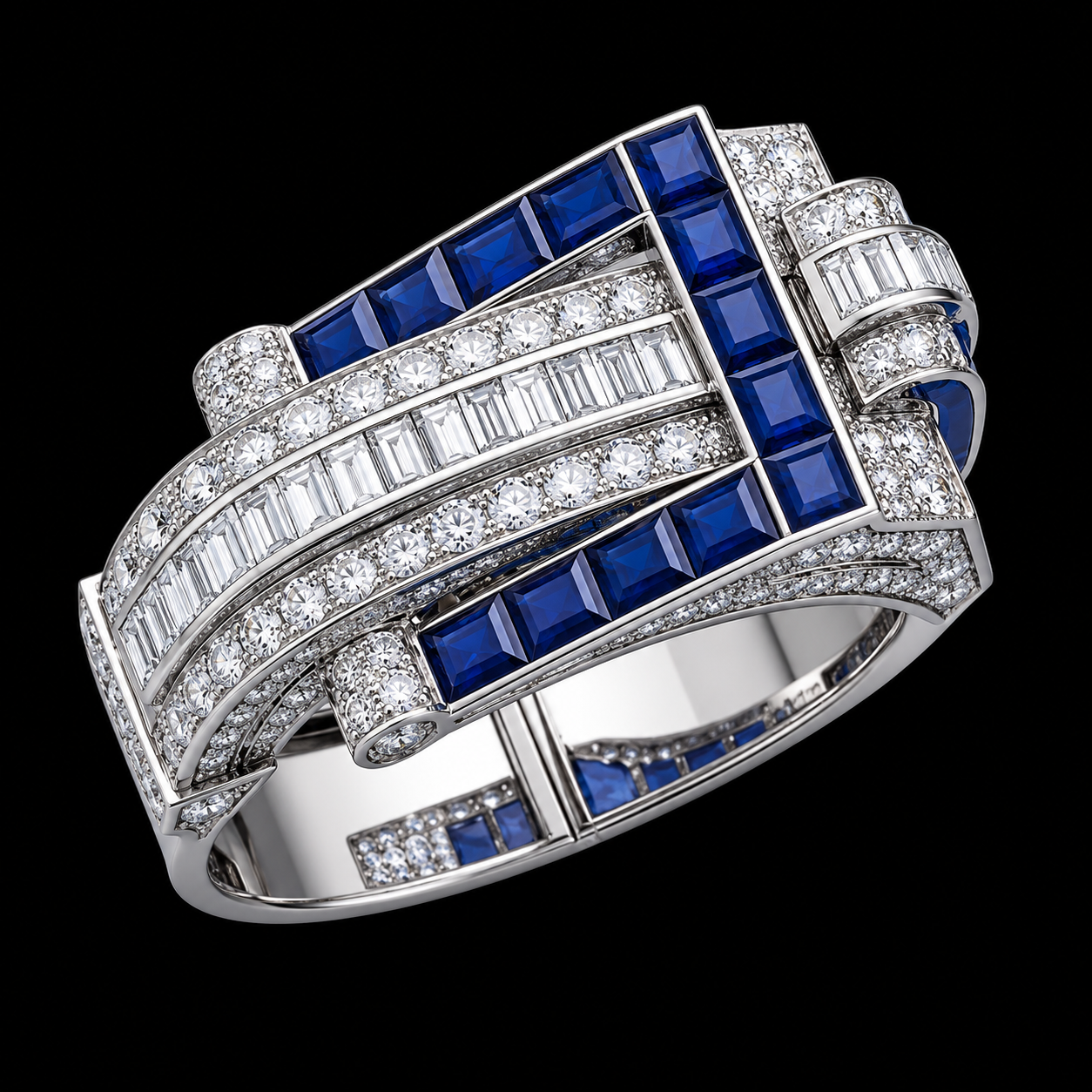 OSTERTAG - Bague en or blanc ornée de diamants et de saphirs bleus, design géométrique avec plusieurs bandes