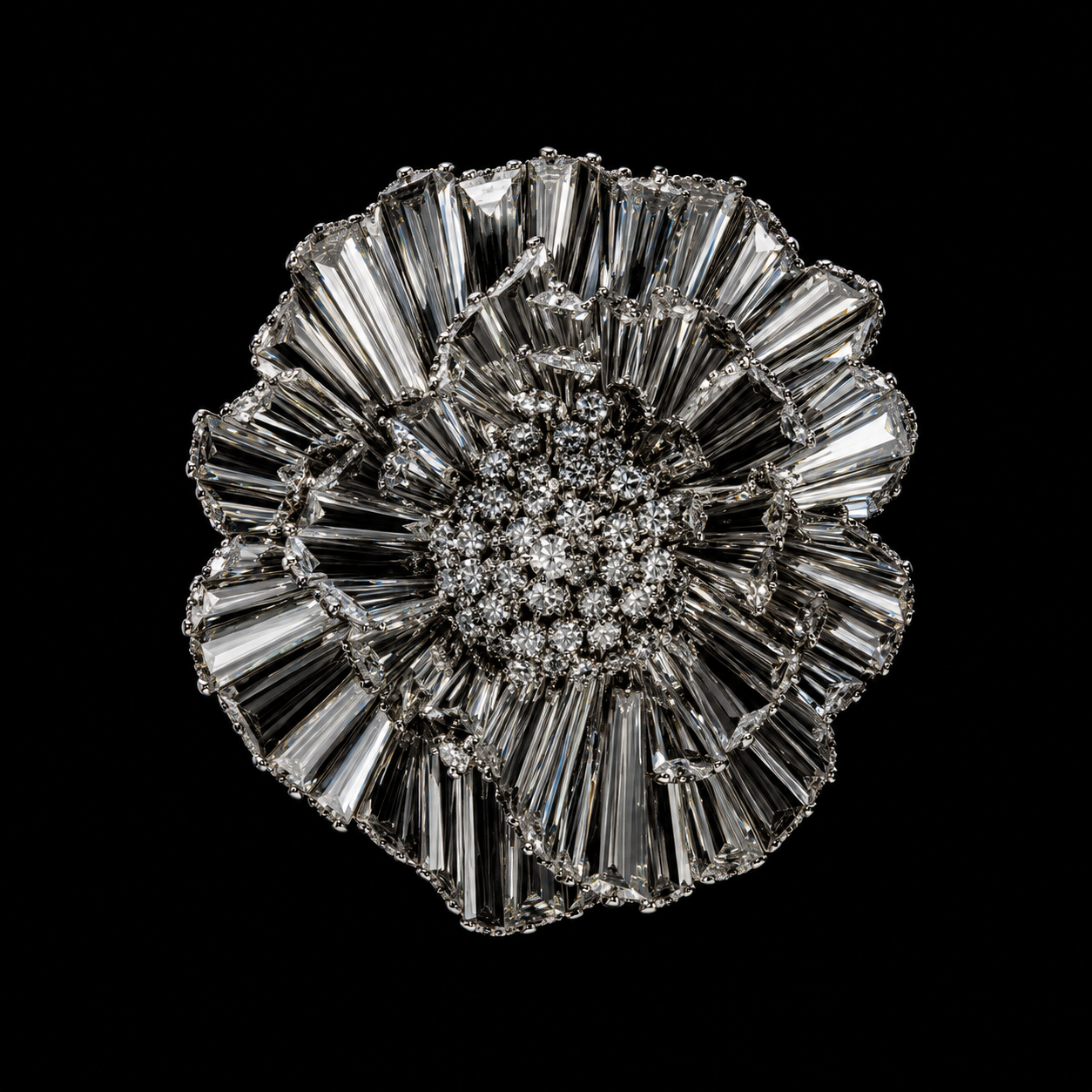 Broche en forme de fleur ornée de nombreux diamants et de baguettes de pierres précieuses, sur fond noir.