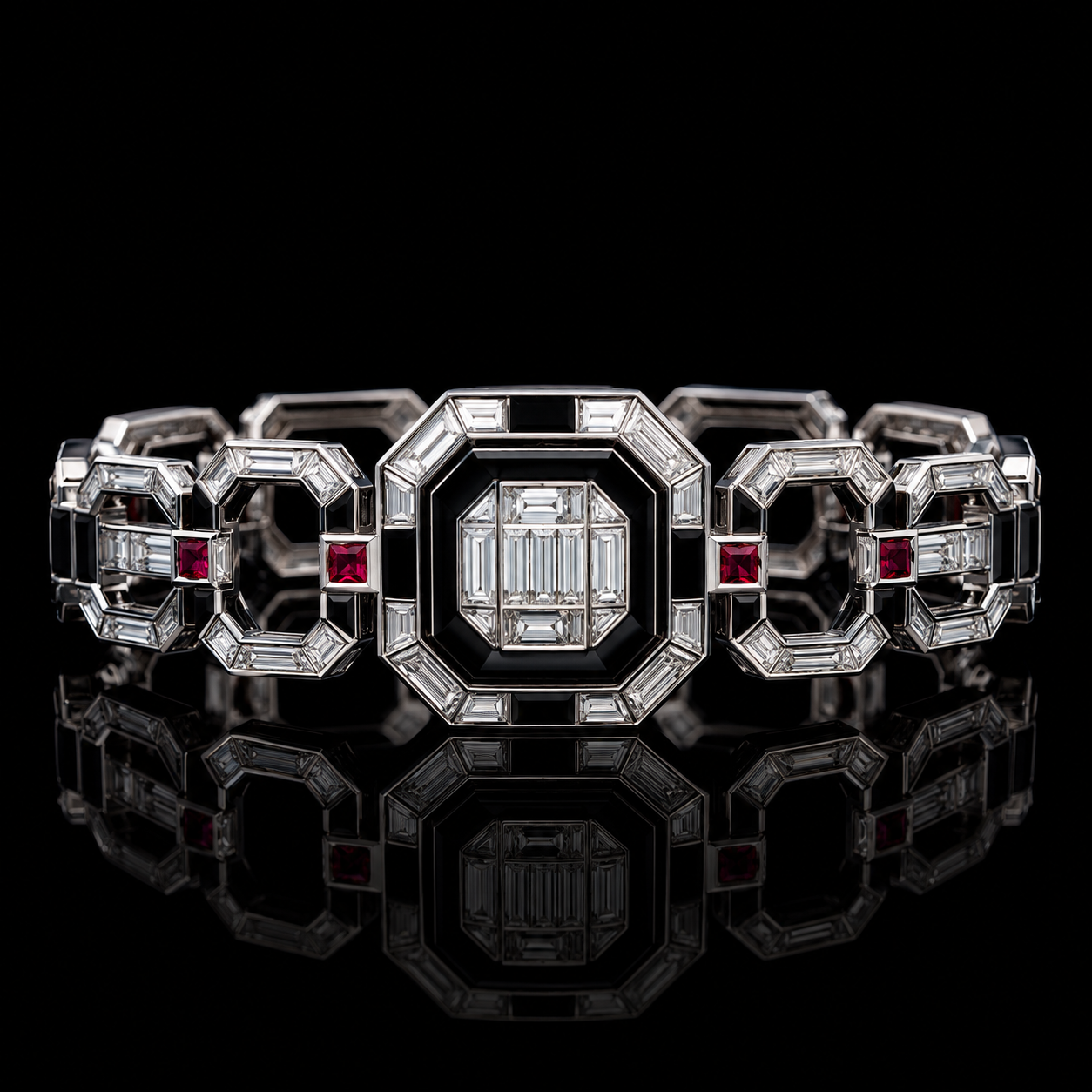 Ostertag Paris - Bracelet en or blanc incrusté de diamants et de rubis, posé sur un fond noir avec reflet.