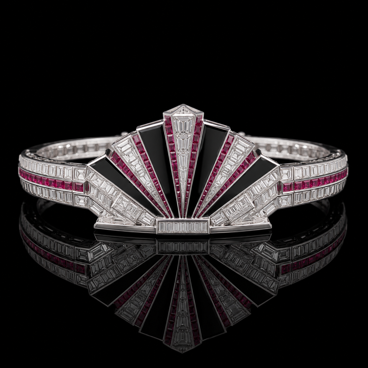 Ostertag Paris - bracelet en or blanc orné de diamants rectangulaires et rubis, avec un design géométrique extravagant, posé sur un fond noir avec reflet
