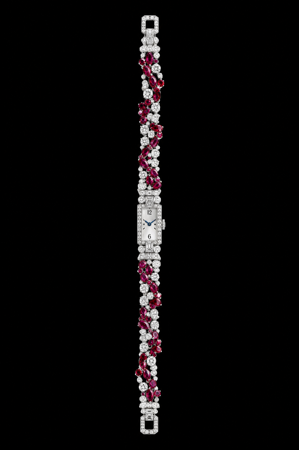 Montre élégante avec un bracelet incrusté de diamants et de rubis, fond noir.