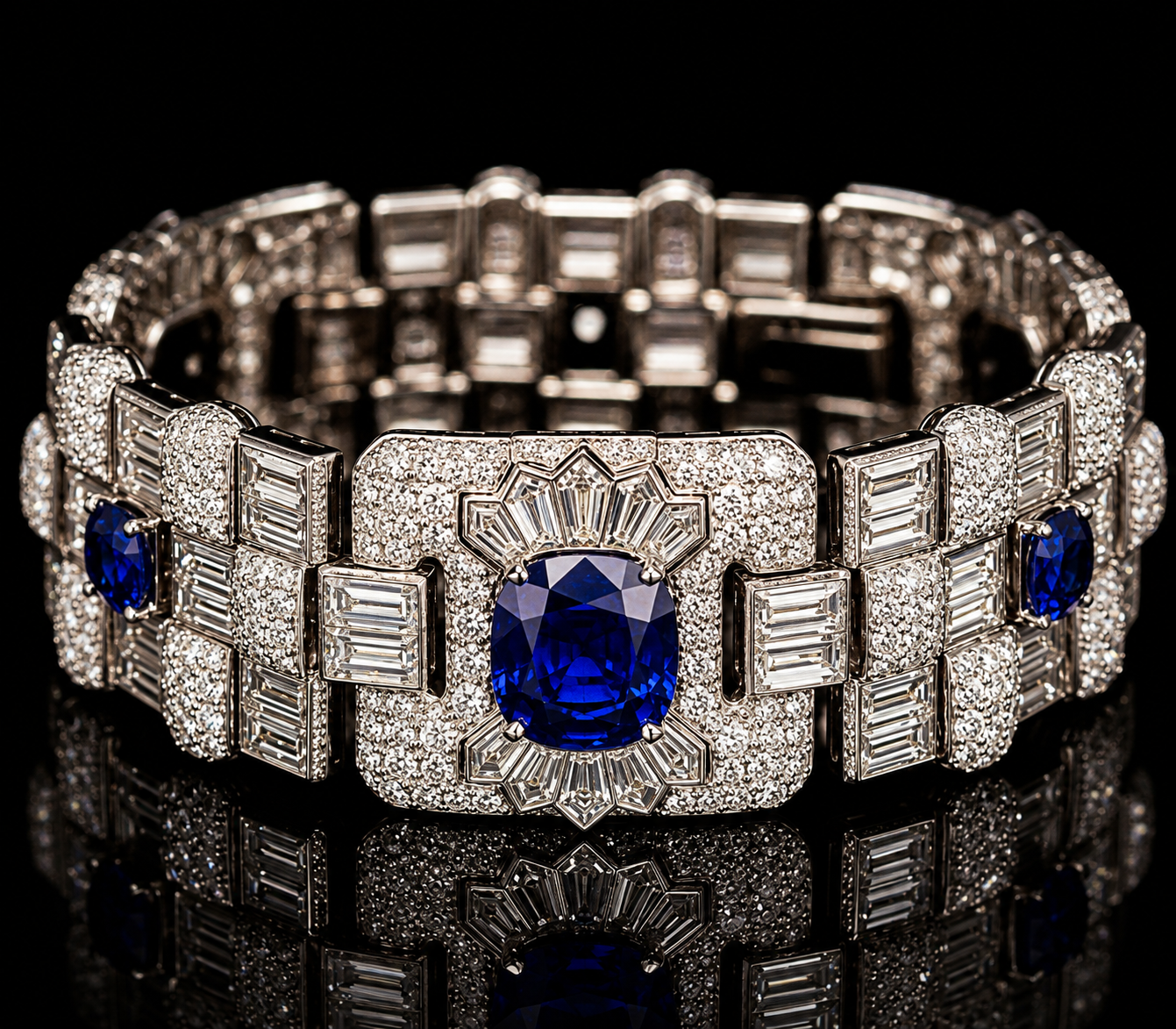 Bracelet orné de pierres précieuses, comprenant des saphirs bleus et des diamants, posé sur un fond noir avec reflection.