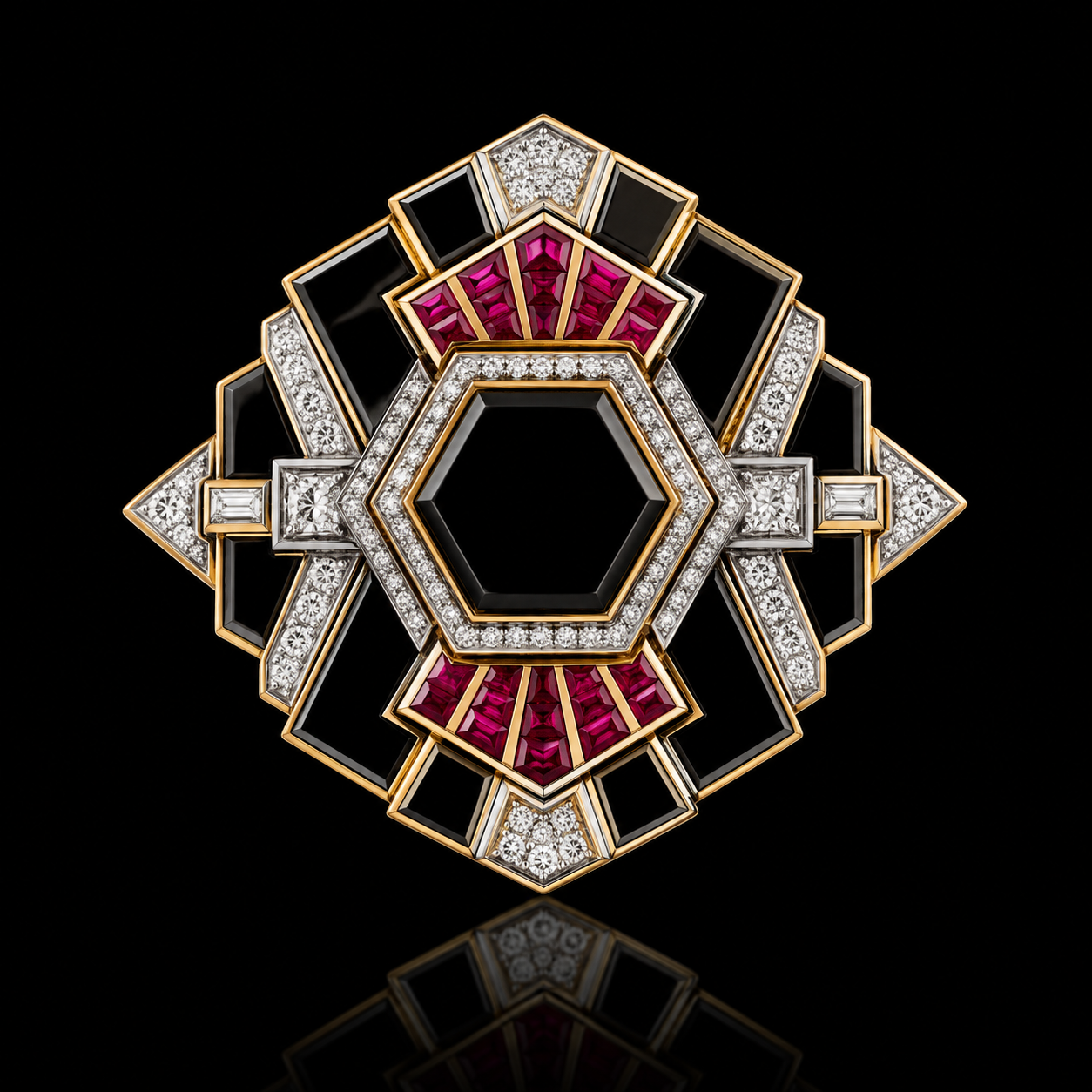 Broche orné de diamants, rubis, et onyx sur fond noir.