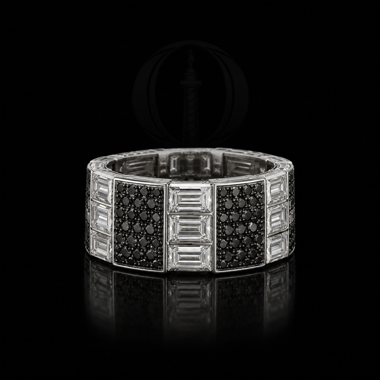 Une bracelet en or blanc orné de diamants noirs et blancs présentée sur un fond noir.