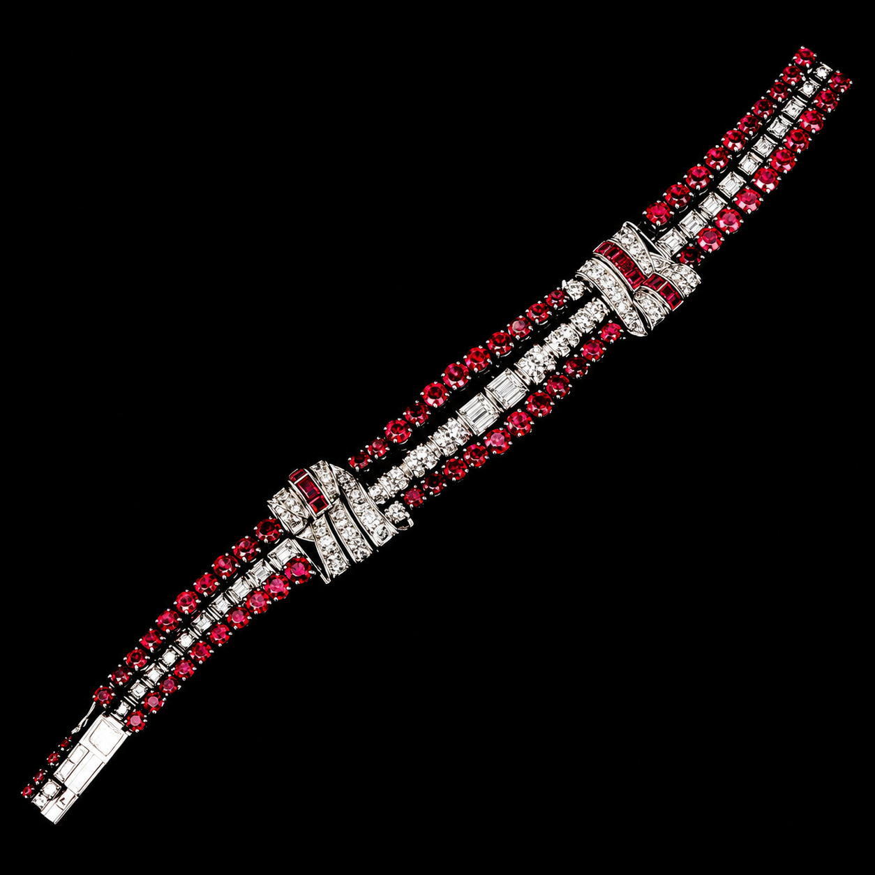 Bracelet orné de rubis rouges et diamants, avec motif en forme de noeud.