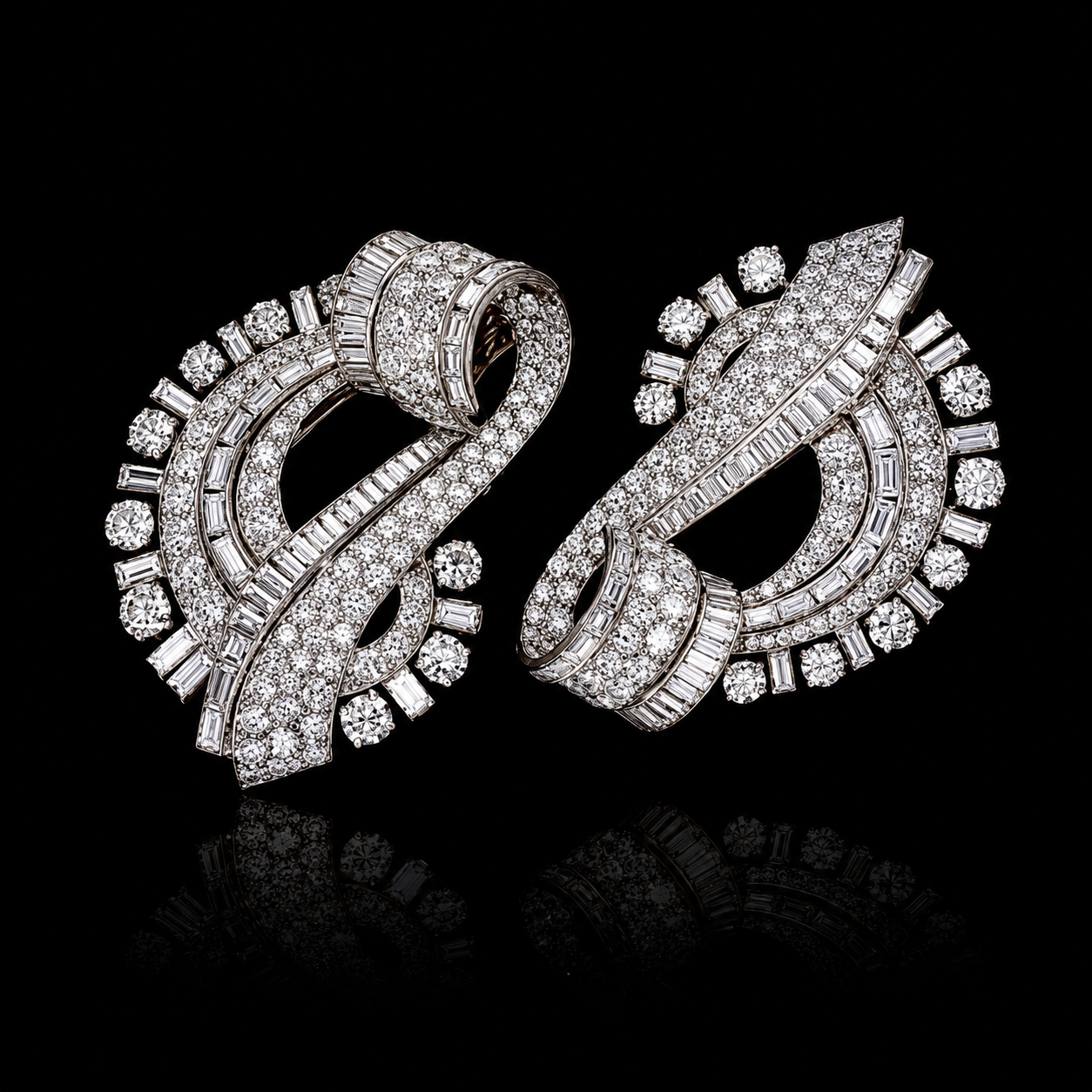 Broche ou pinces à cheveux en or ornées de diamants agencées en forme de paire ailée contre un fond noir.