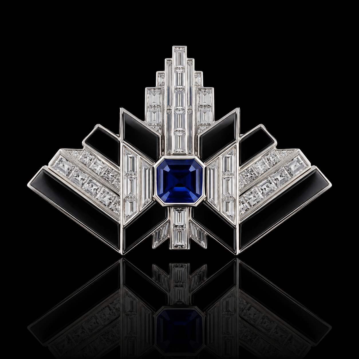 Broche Art Déco avec diamants, saphir bleu au centre, design géométrique en platine et onyx, sur fond noir