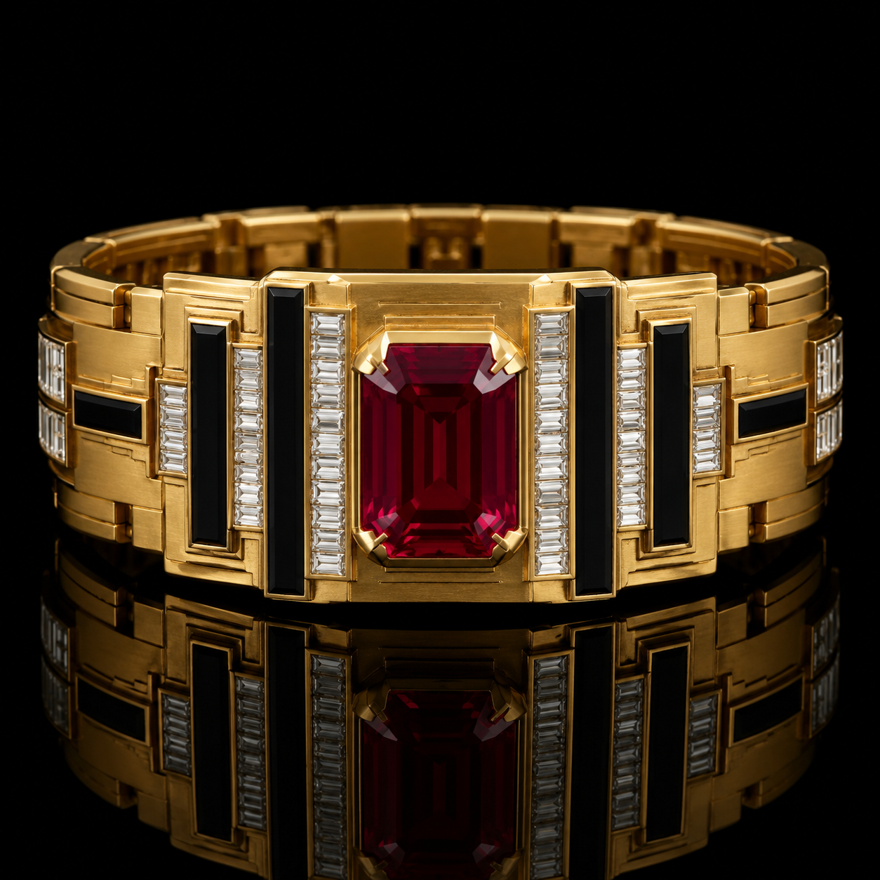 Ostertag Paris - bracelet orné d'un grand saphir rectangulaire rouge au centre, entouré de pierres précieuses blanches et de pierres noires, en or