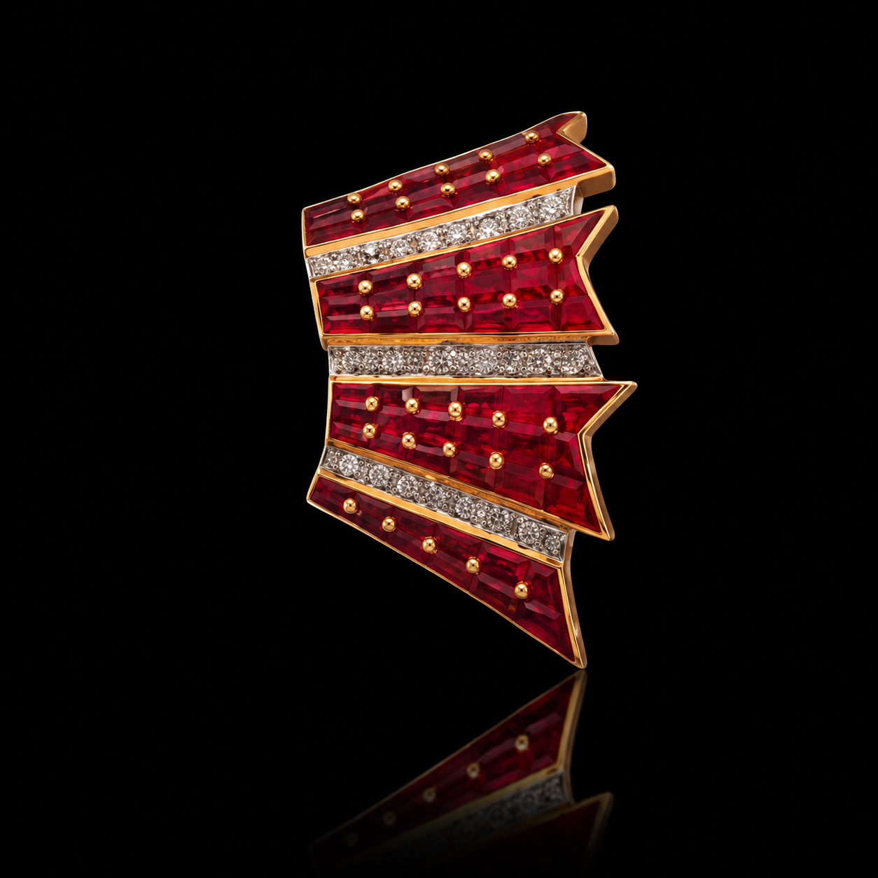 Broche orné de rubis rouges et de diamants, en forme de drapeaux superposés, contre un fond noir