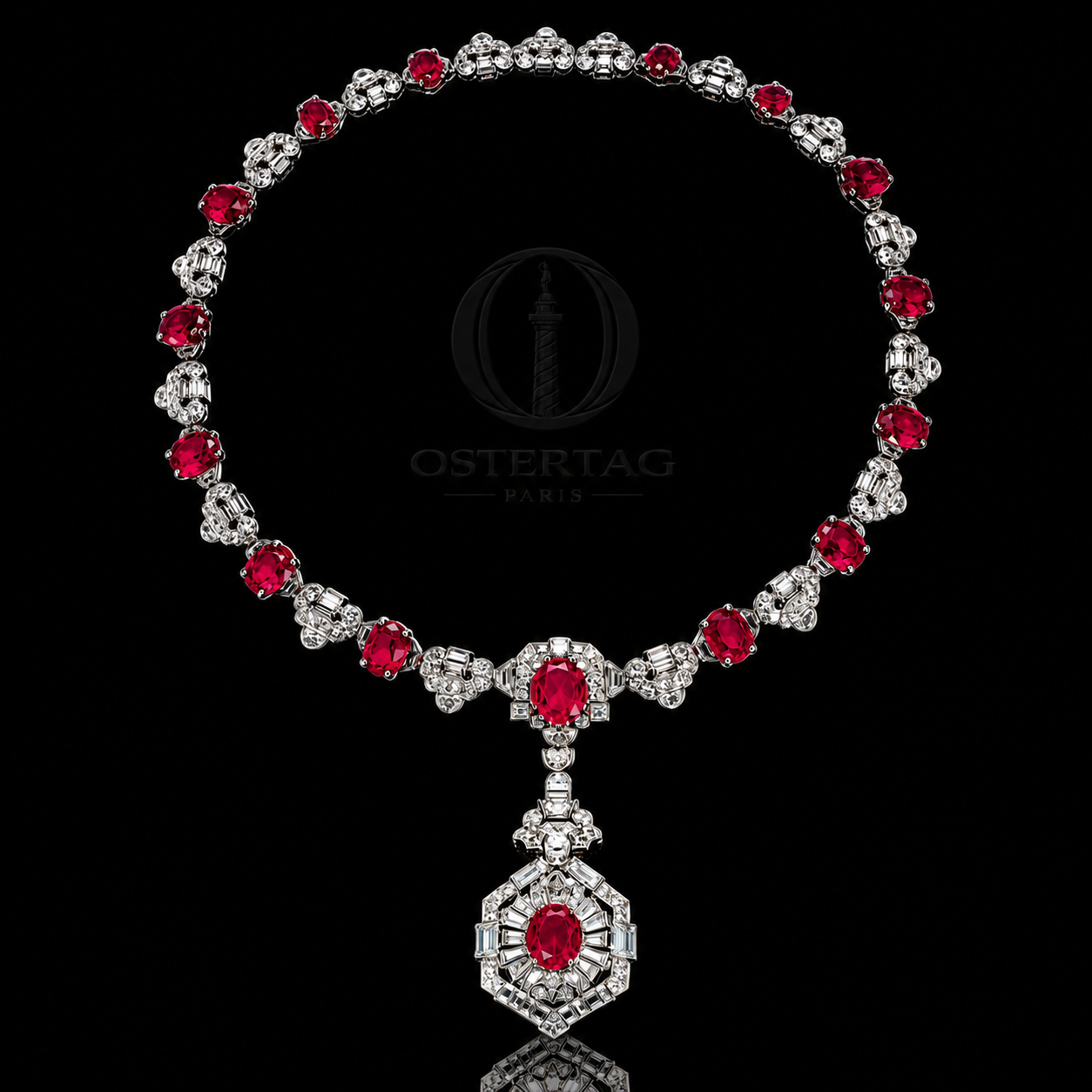 Collier en argent orné de rubis rouges et de diamants, avec pendentif en forme de losange avec rubis au centre, sur fond noir avec logo Ostertag Paris en arrière-plan.