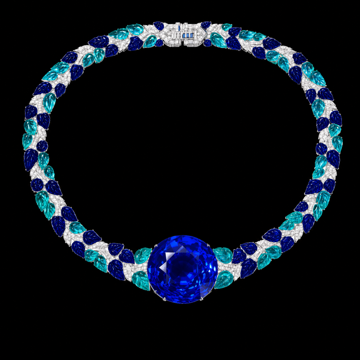 Collier de bijoux avec un grand pendentif rond bleu électrique, entouré de feuilles en saphir bleu foncé et bleu clair, sur fond noir.