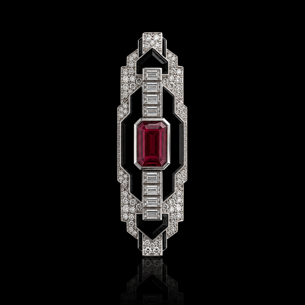 Un bijou de type broche avec un grand centre en rubis rouge, entouré de diamants et d'éléments en or noire, posé sur un fond noir.
