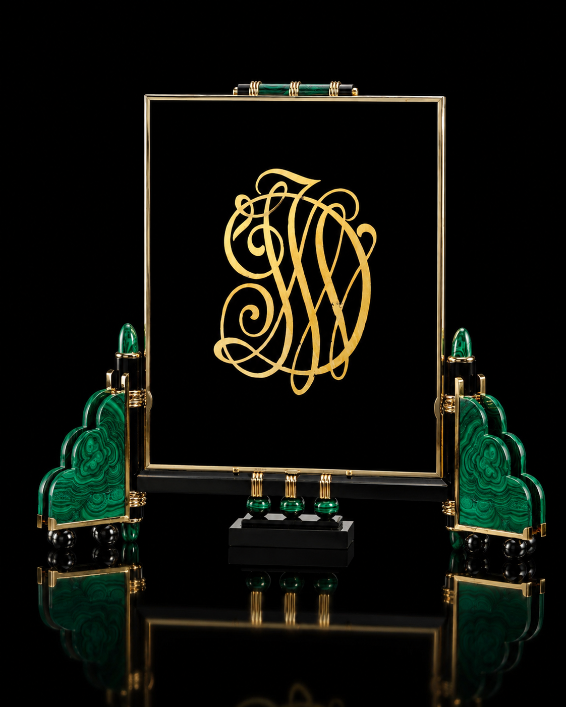 Cadre en or et vert avec un monogramme doré complexe, posé sur une surface noire réfléchissante.