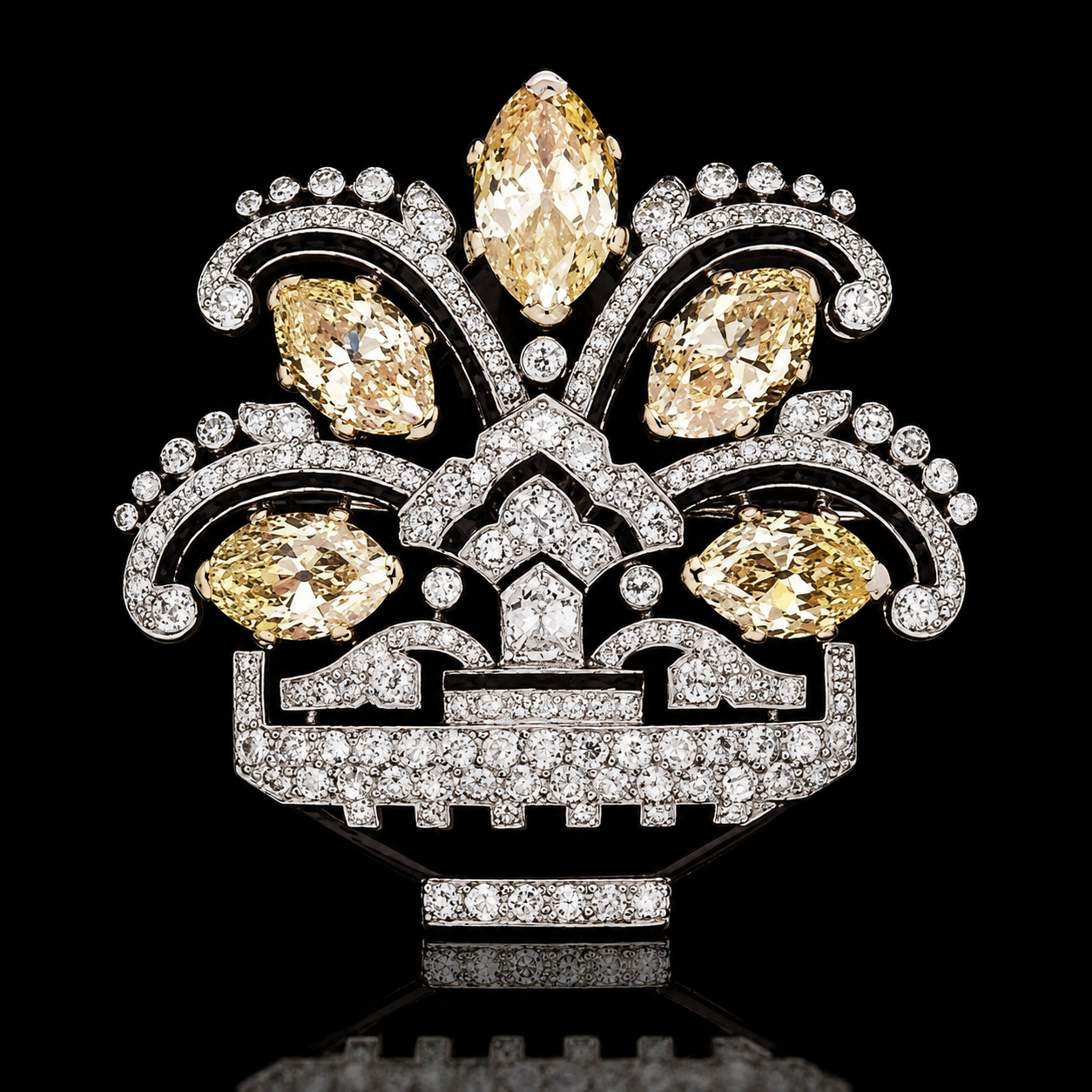 Broche en forme de crâne orné de diamants et de pierres jaunes, sur fond noir.