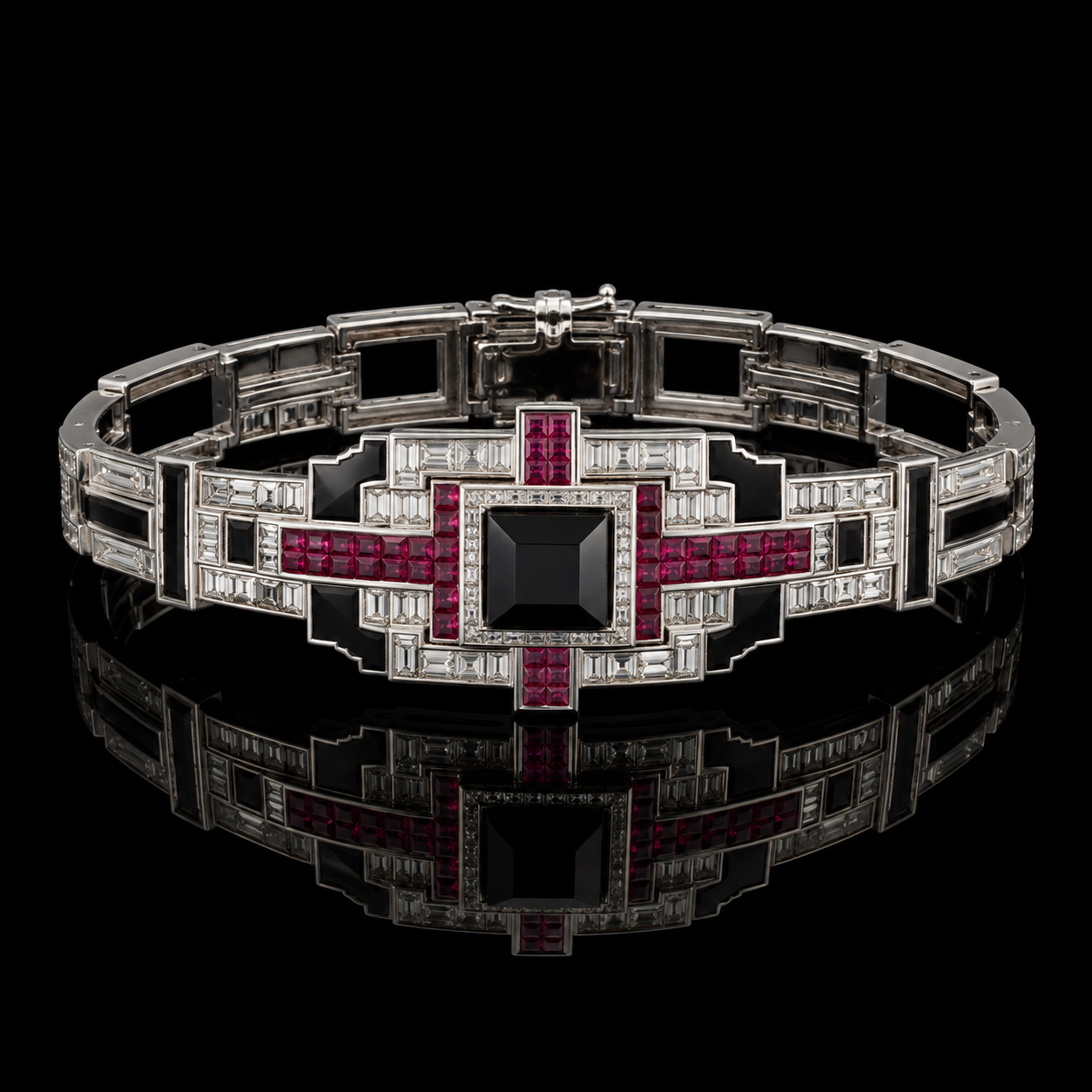 Ostertag Paris - Bracelet en or blanc orné de diamants, rubis, et une pierre noire centrale, posé sur un fond noir avec reflet.