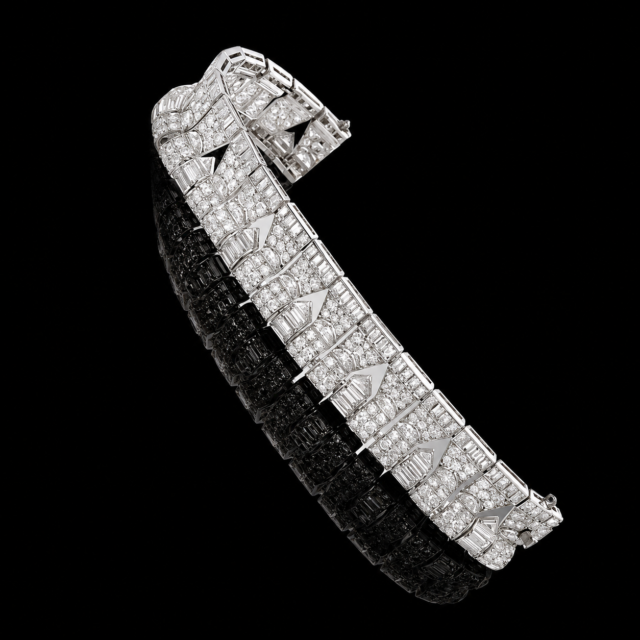 Bracelet en or blanc orné de diamants empilés sur un fond noir