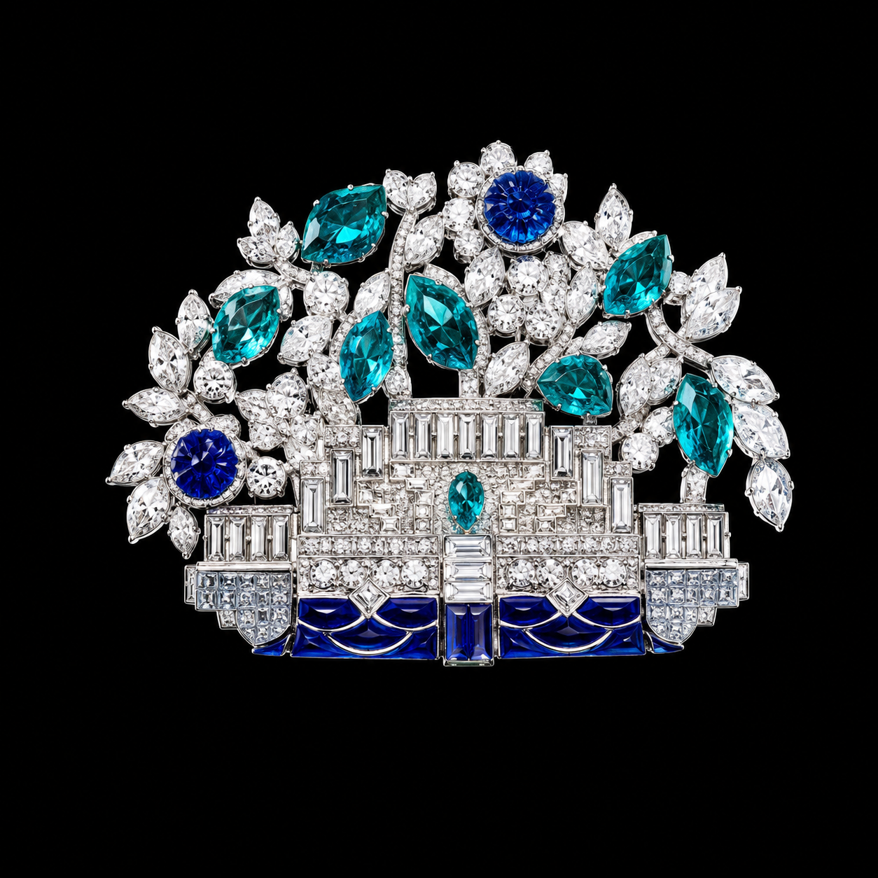 Broche ornementale en forme de fleurs avec des pierres précieuses bleues, vertes et blanches sur fond noir.