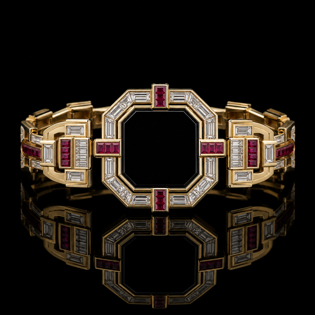 Ostertag Paris - Bracelet en or avec des diamants et des rubis, conçu dans un style art déco, posé sur un fond noir reflecting son image.