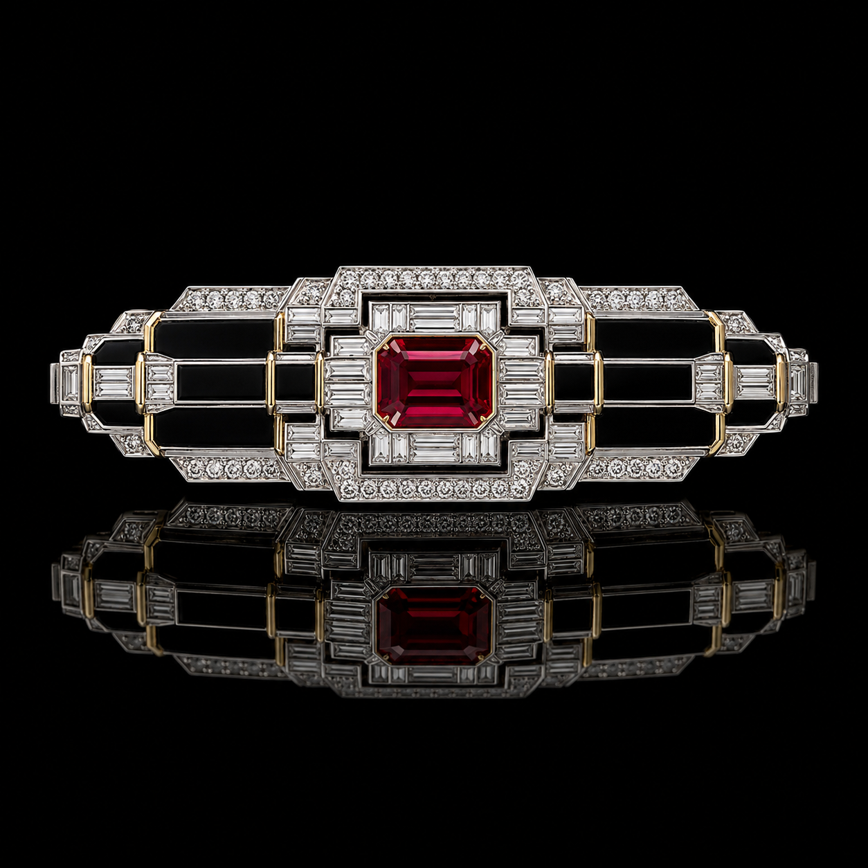 Bracelet de luxe orné de diamants et d'une grande pierre précieuse rouge, posé sur un fond noir avec reflet.