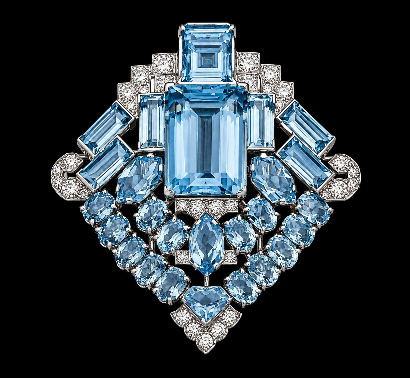 Broche ornée de diverses pierres précieuses bleues et blanches, dont des diamants, sur fond noir.