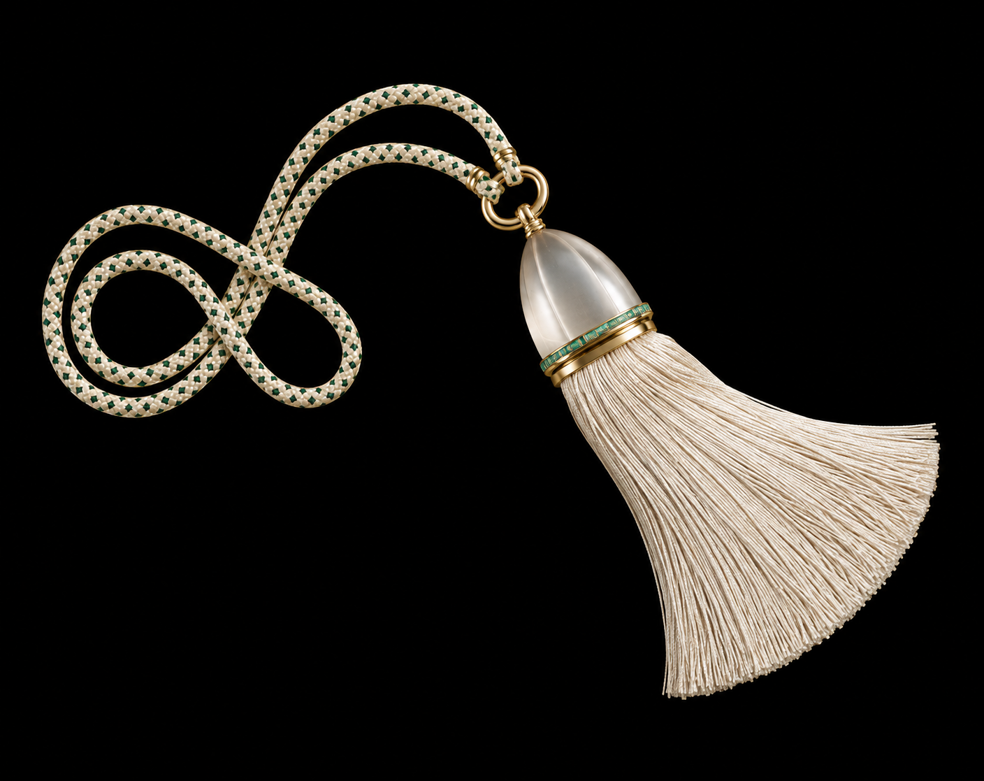 Un porte-clés en forme de boucle en corde tressée, avec un pendentif en forme de capsule en ivoire et une pampille en franges de tissu blanc, sur un fond noir.