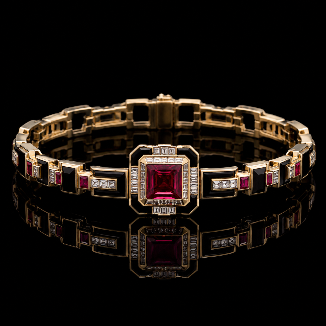 Ostertag Paris - Bracelet en or avec un grand rubis central entouré de diamants, posé sur un fond noir reflet reflété en dessous.