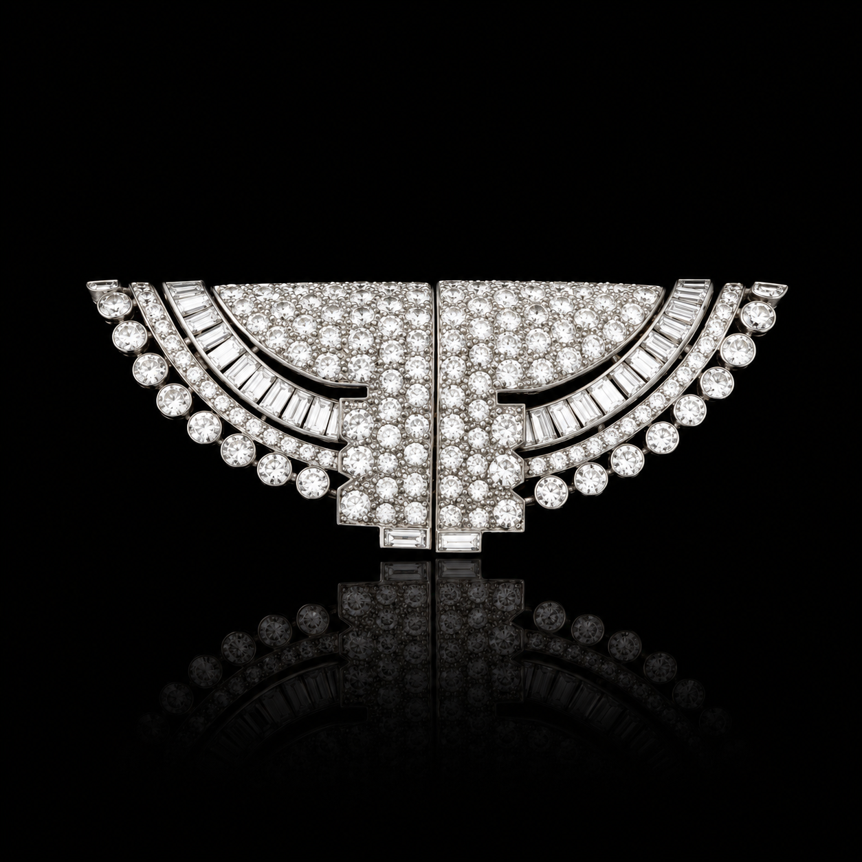 Broche en forme d'ailes ornée de pierres précieuses brillantes sur fond noir.