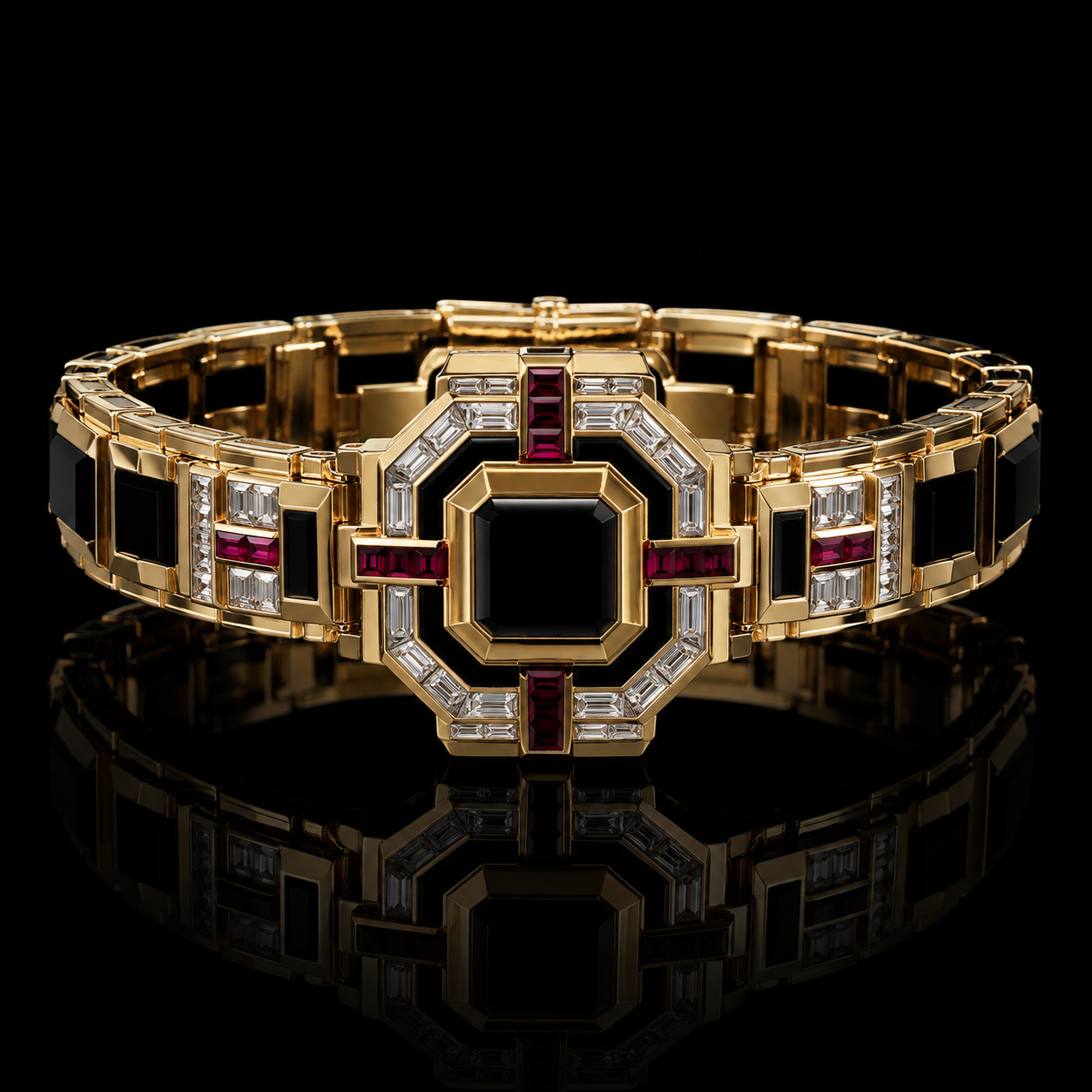 Ostertag Paris - Bracelet en or jaune orné de diamants et de rubis, avec un design géométrique moderne. La pièce est posée sur un fond noir, créant une réflexion élégante.