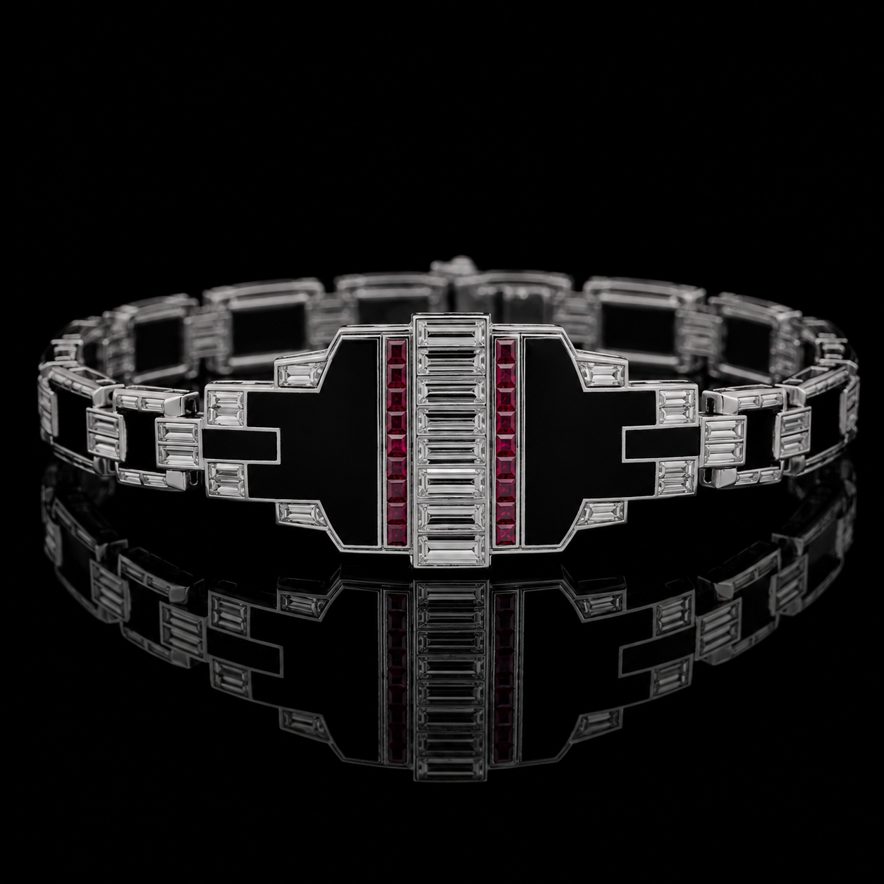 Ostertag Paris - Bracelet en or blanc orné de diamants rectangulaires et de rubis, avec un design géométrique moderne, sur fond noir réfléchissant.