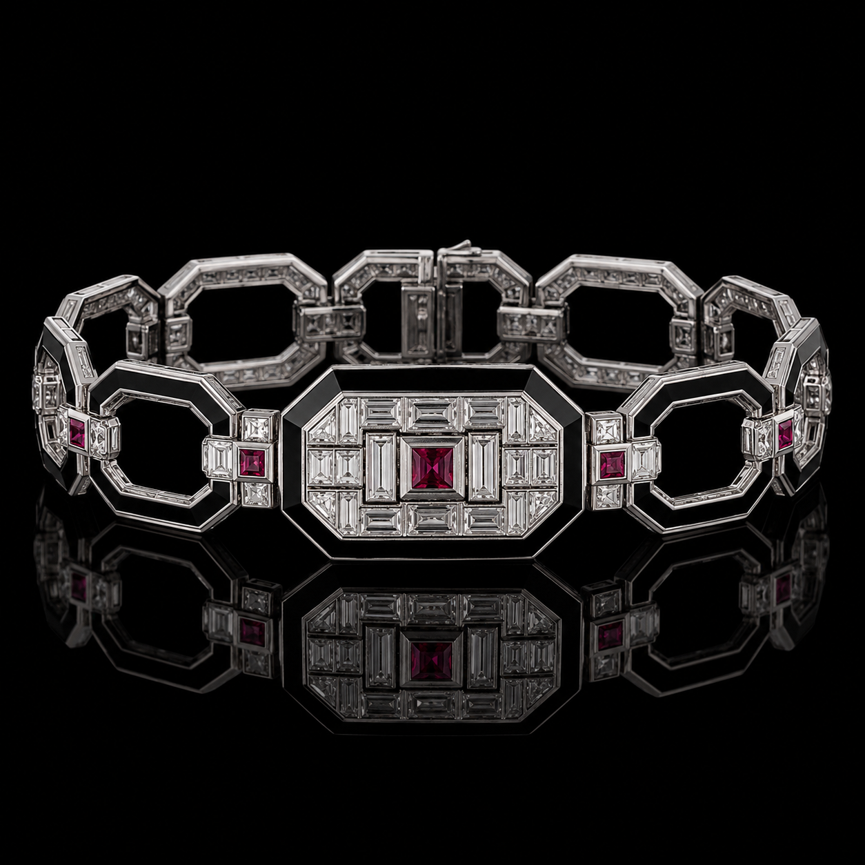 Ostertag Paris - Bracelet en or blanc orné de diamants et de rubis, avec un motif géométrique sophistiqué, posé sur un fond noir.