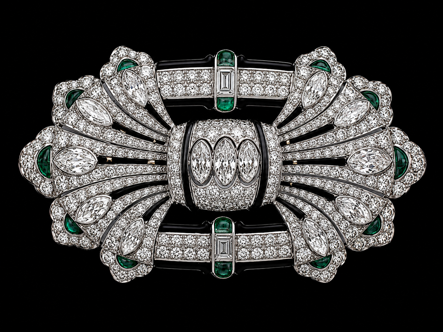 Bijou de luxe enorment en forme de papillon orné de diamants, avec des accents de pierres précieuses vertes, posé sur un fond noir.