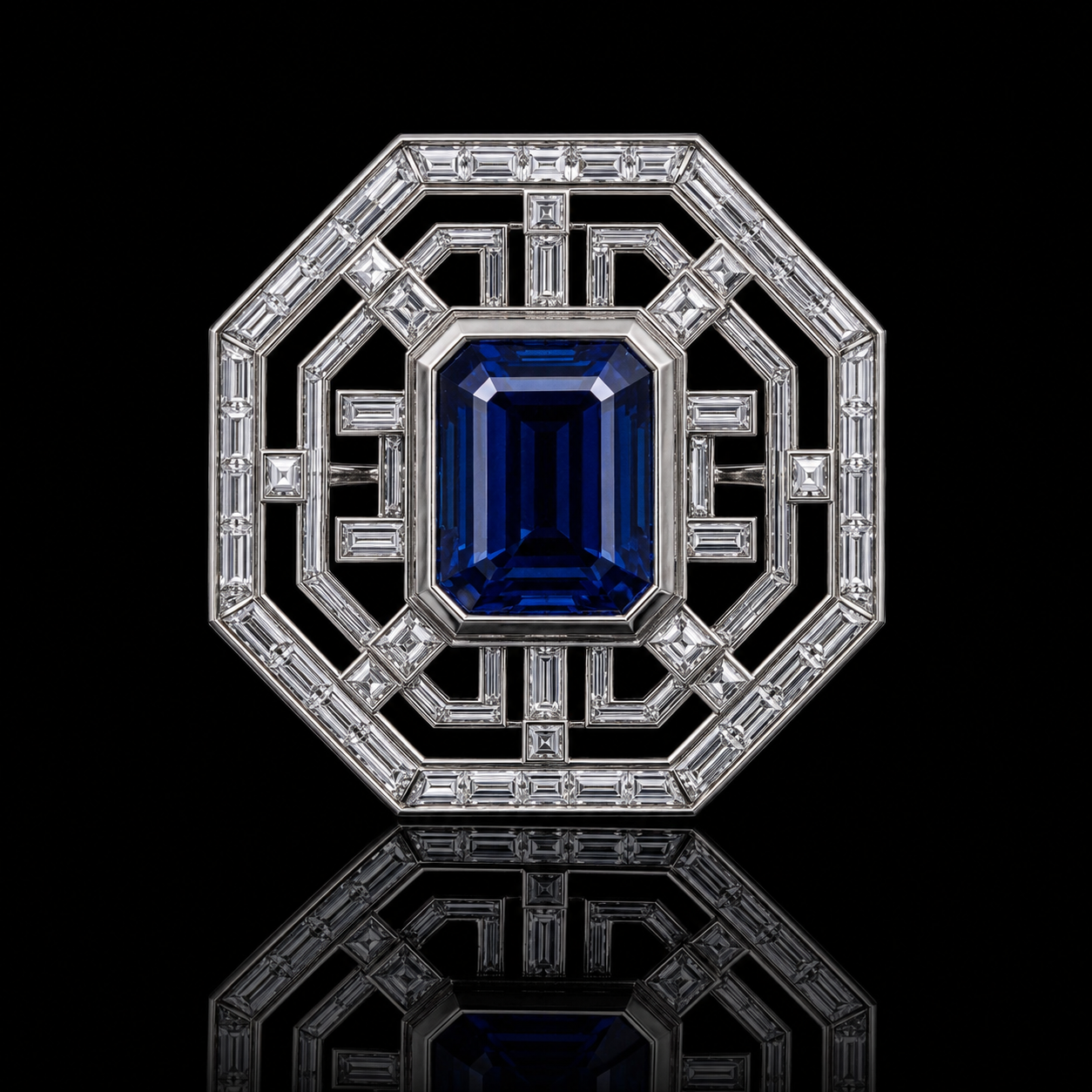 Broche ornementale en forme d'octogone, ornée de diamants et d'un grand saphir rectangulaire au centre, sur fond noir.