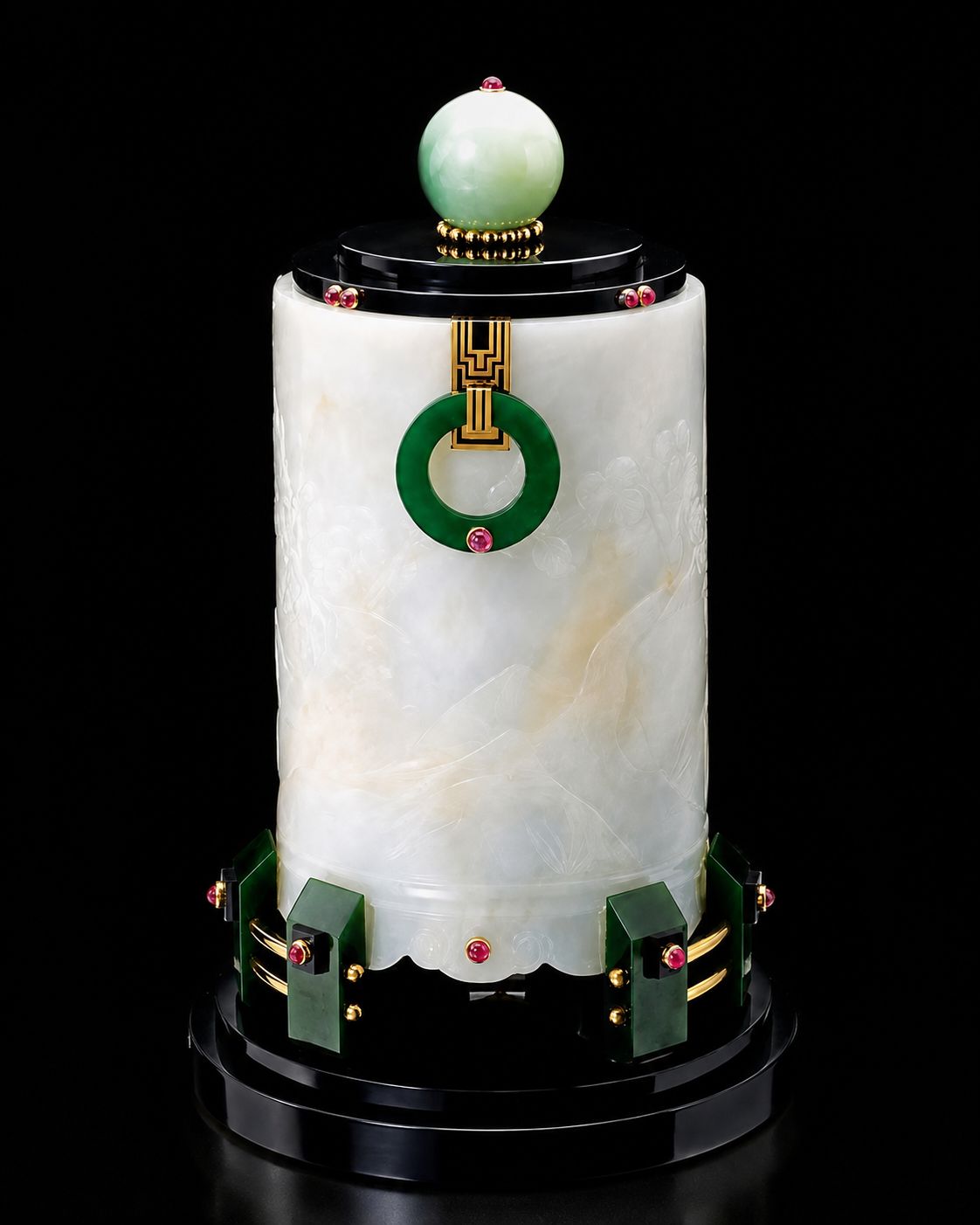 Un objet précieux en jade vert et blanc, décoré de détails en or, avec une boule en jade en haut, présenté sur un fond noir.